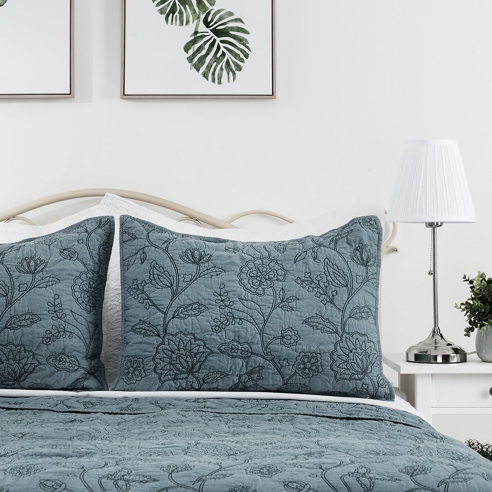 Elegant Life Home 100% Cotton Night Blossom Embroidery Pillow Shams Pillowcase, Luxury Floral Pattern Pillow Covers, King Size, 20'' x 36'', Park Blue, 1 Piece