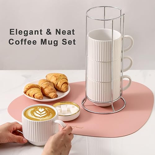 Vista 98 de Hasense Juego de 4 tazas de café de cerámica con soporte, 15 onzas, apilables, grandes, de porcelana, acanaladas, para capuchino, té, cacao