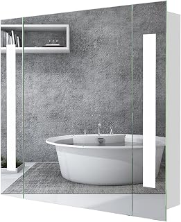 iropro 650x600mm LED illuminated Bathroom Mirror Cabinets, Bathroom Cabinet Wall Mounted Bathroom Furniture with LED Dimmer Switch Shaver Socket Demister Strip Lights, IP44…
