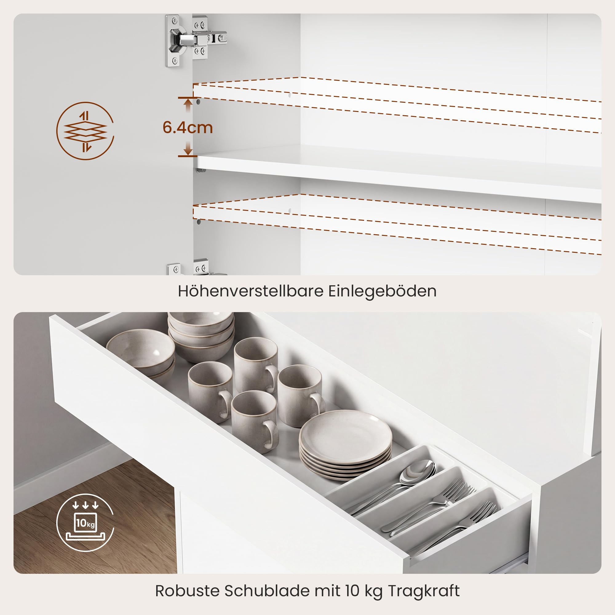 YOUDENOVA Küchenschrank Sideboard mit LED & Steckdose, Weiß | Buffetschrank mit Arbeitsplatte, Schublade, LED, Steckdose und verstellbaren Einlegeböden für vielseitigen Stauraum.