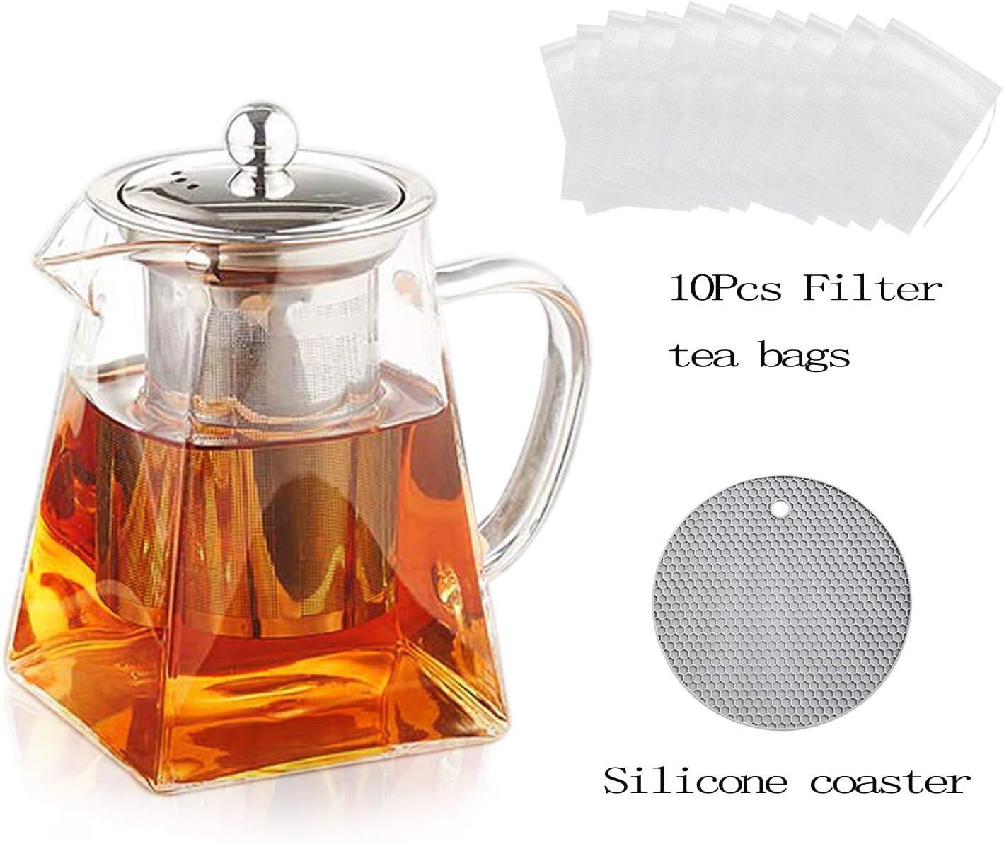 Glass Teapot with Removable Infuser & Lid,Loose Leaf Tea Pot Teapot with Strainer for Blooming, Flowering - Tea Maker，Stovetop Safe Glass Tea Pot (750ml-Square)