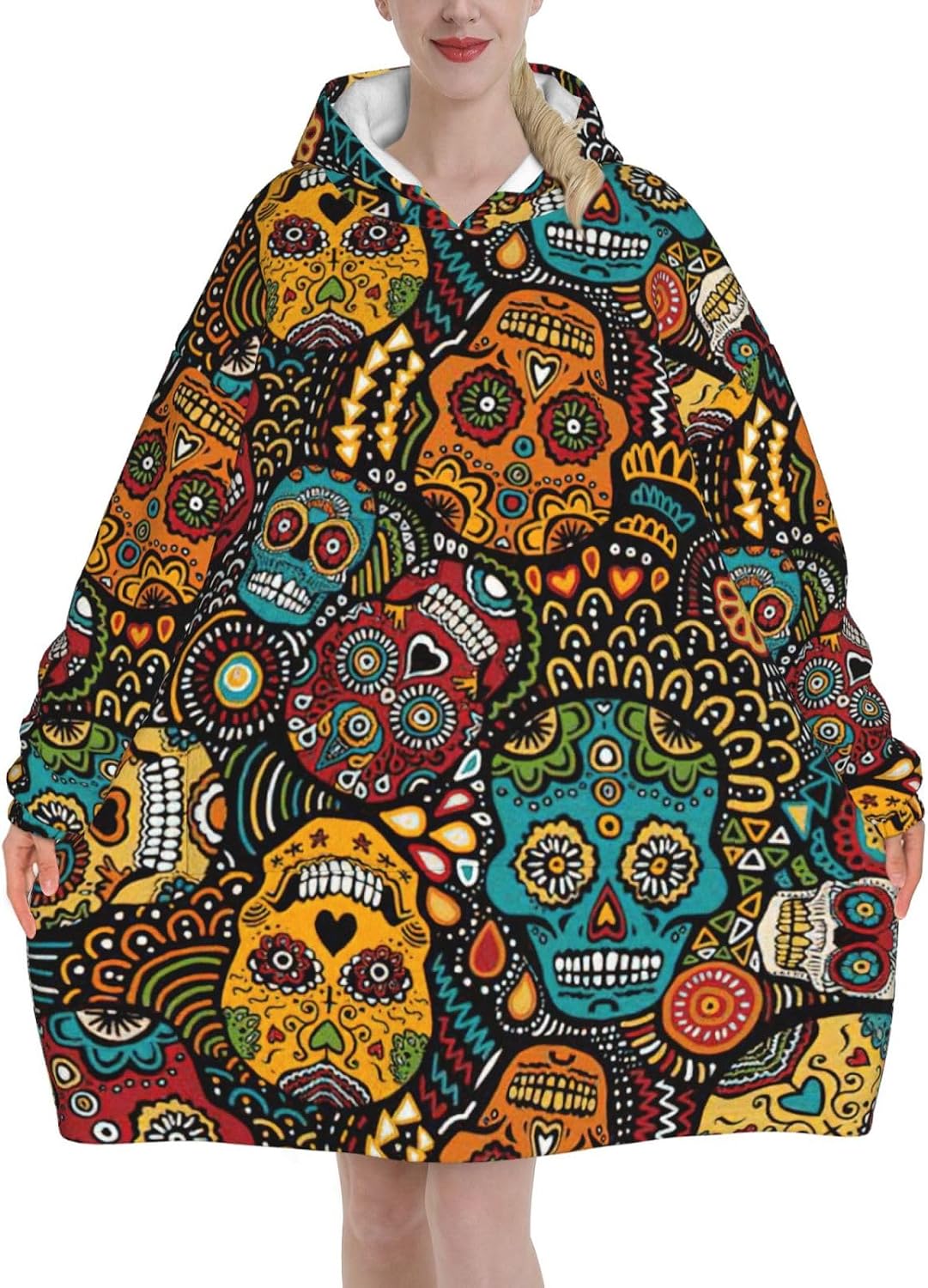 Sugar And Skulls Styleprint Oversized Hoodie Blanket, Super Soft Warm Comfortable Hoodie, Wearable Blanket Adult