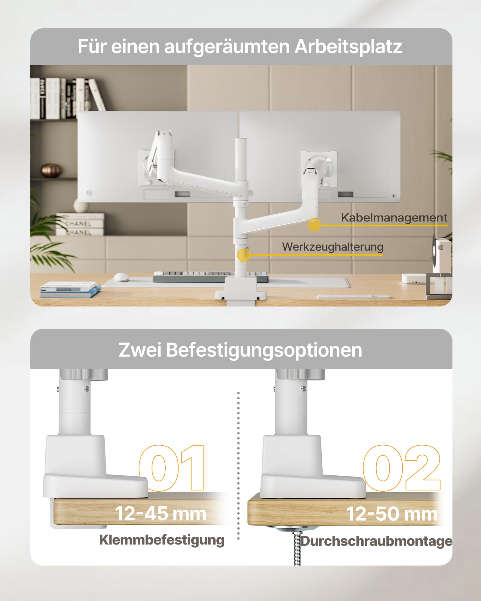 monTEK Monitor Halterung 2 Monitore für 17-57 Zoll Bildschirme bis zu 27 kg | Aluminium Schwerlast-Gasfeder, für Gebogene Bildschirme Verstellbarer Monitorständer, 75/100 mm VESA Halterung, Weiß