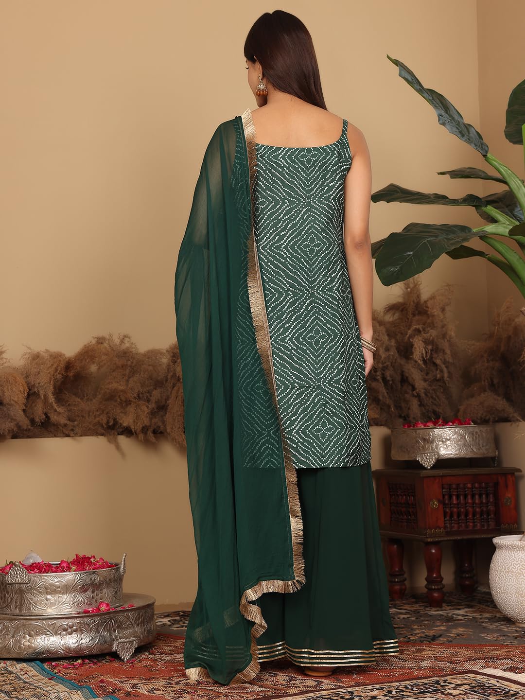 Varanga Women's Green Bandhini Printed Kurta Paired With Sharara And Dupatta
