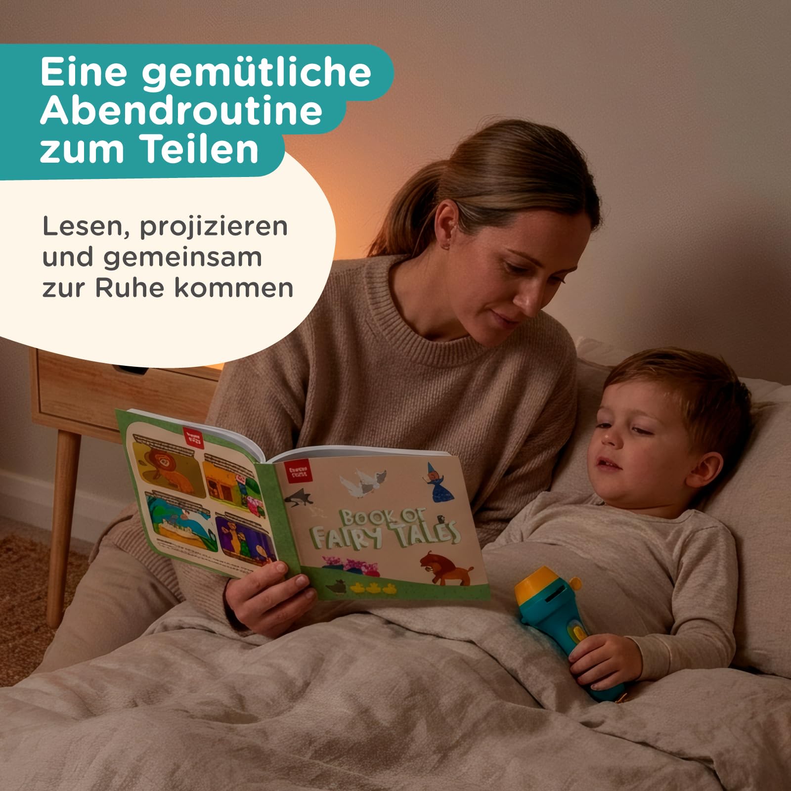 Nene Toys Interaktives Märchenbuch mit Projektor-Taschenlampe & Schattentheater für Kinder ab 3 Jahren – 4 Klassische Geschichten in 5 Sprachen, Gute-Nacht-Geschichten-Set