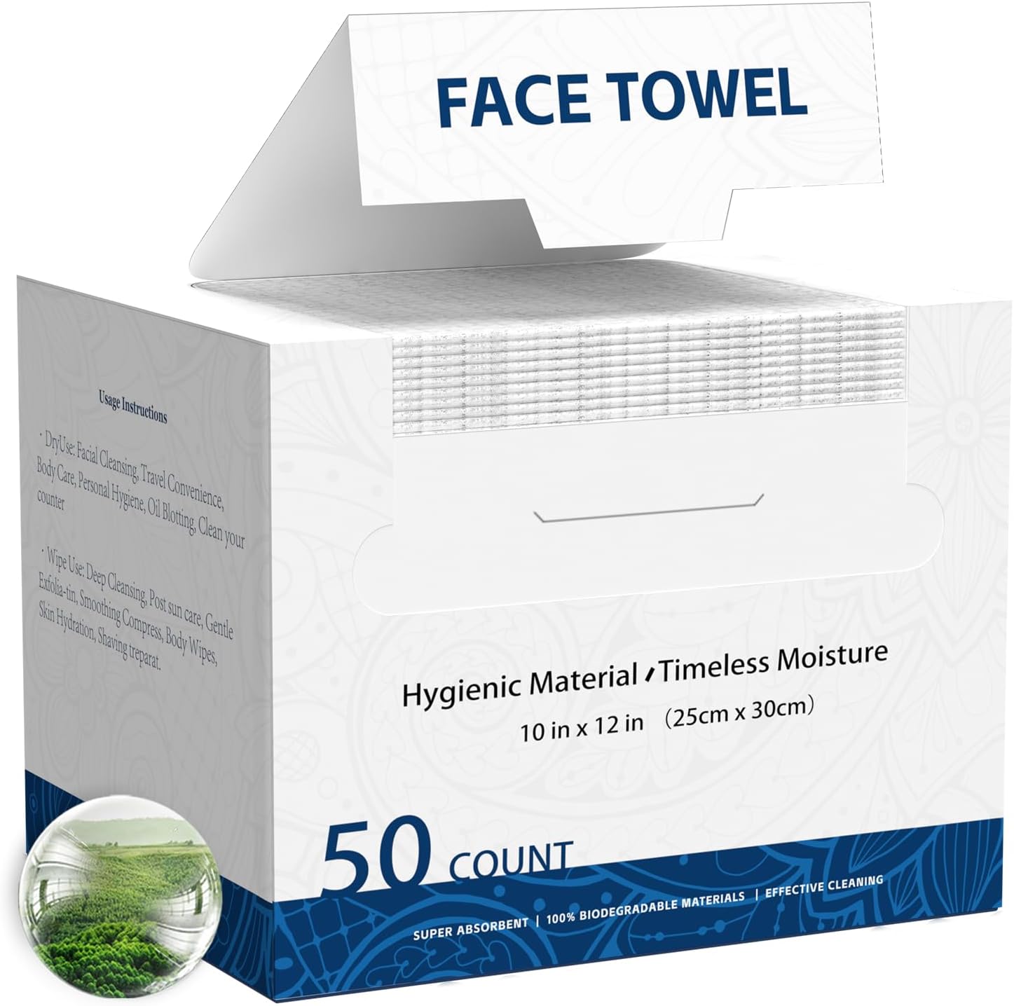 VOZOVUR Face Towels, 10” x 12”, Extra Thick Soft and Absorbent, Face Towelettes Disposable Biodegradable for Sensitive Skin, Disposable Face Towels for Makeup Remover, Cleansing, 50 Count（1 Pack）