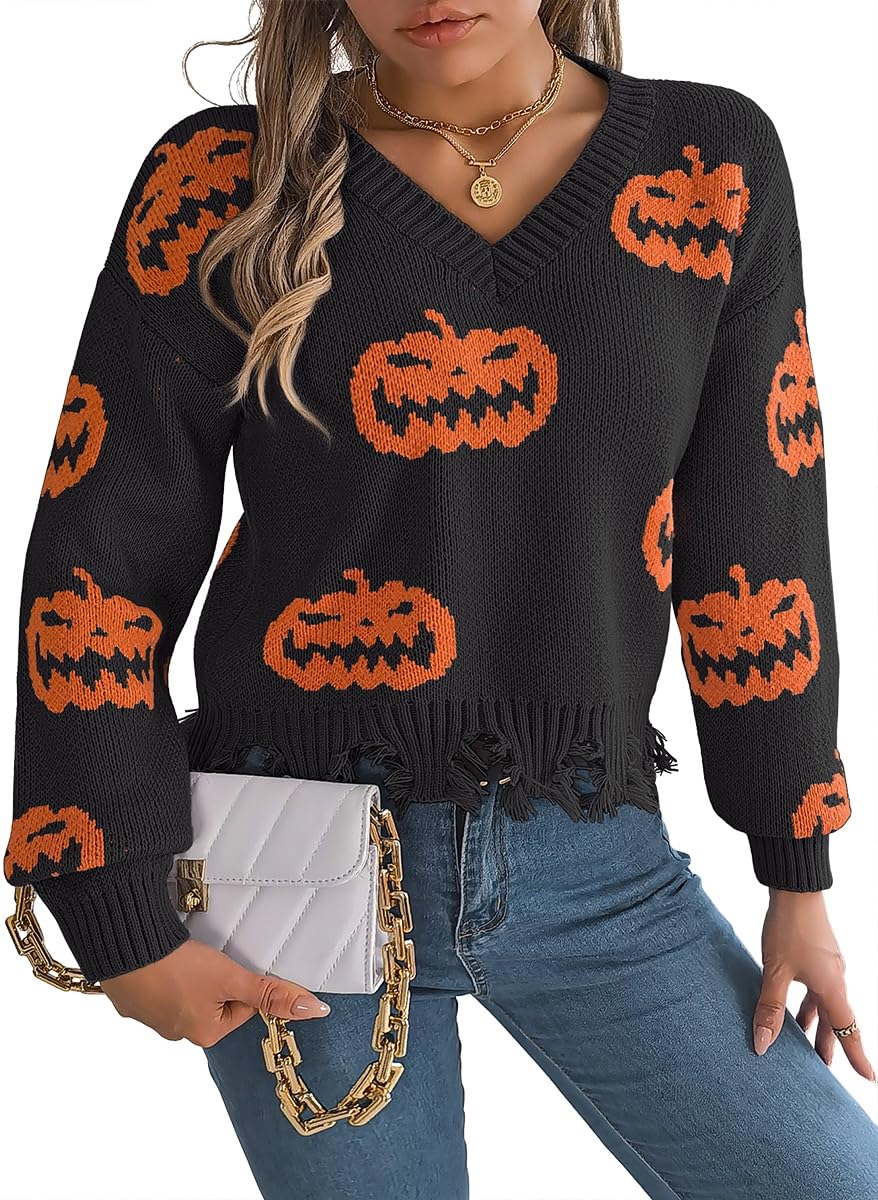 Halloween V-Neck Sweater with Star Pumpkin Pattern Distressed Hem Long Sleeve