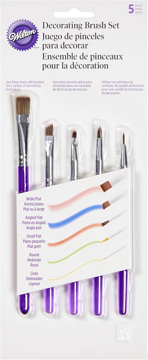 Juego de 5 brochas decorativas de Wilton, cerdas sintéticas | Brochas de cerdas sintéticas aptas para alimentos para espolvorear purpurina comestible, lustre, polvo y pintura de color comestible en pasteles y golosinas