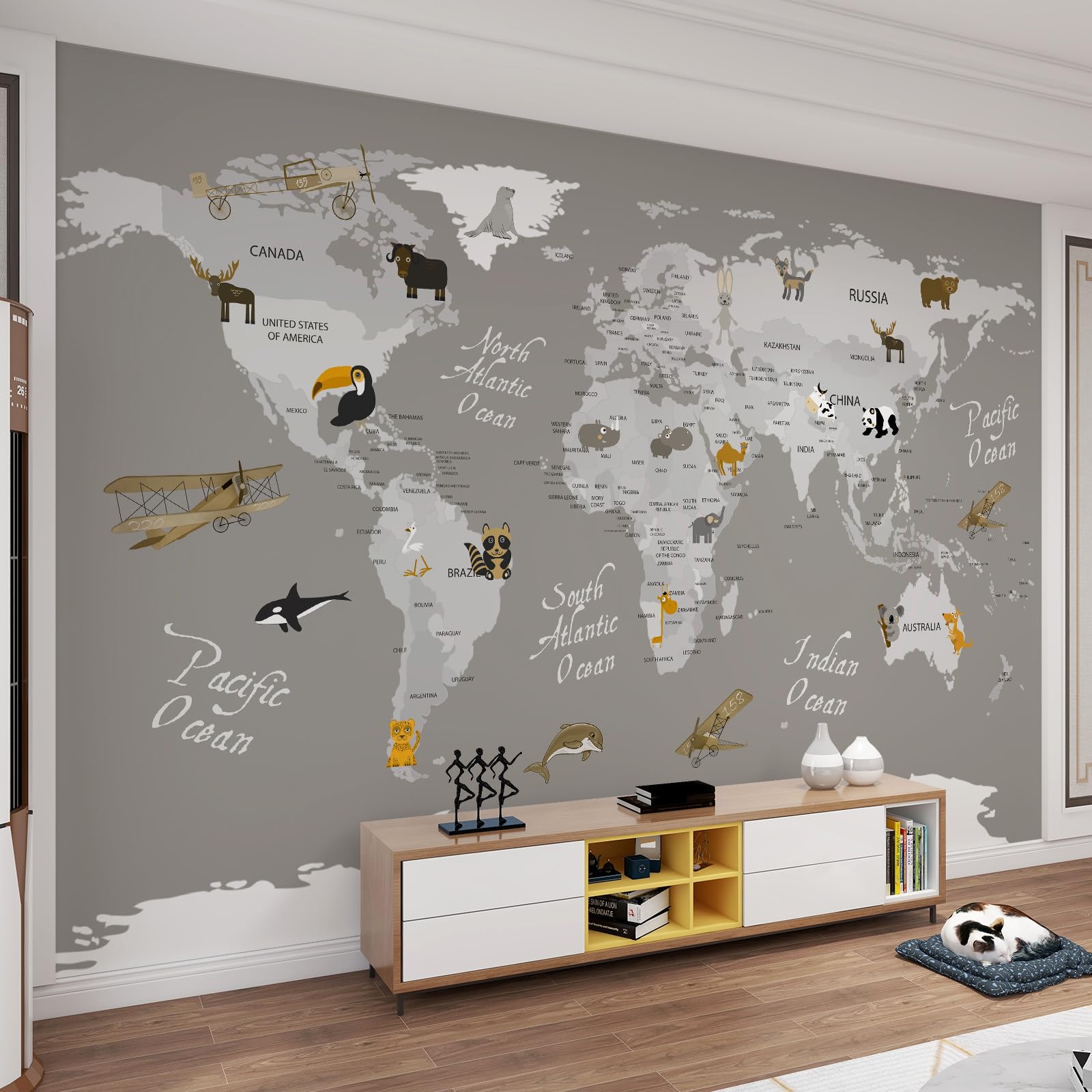 Papier peint enfant carte du monde grise animaux 3D art mural 200x140cm