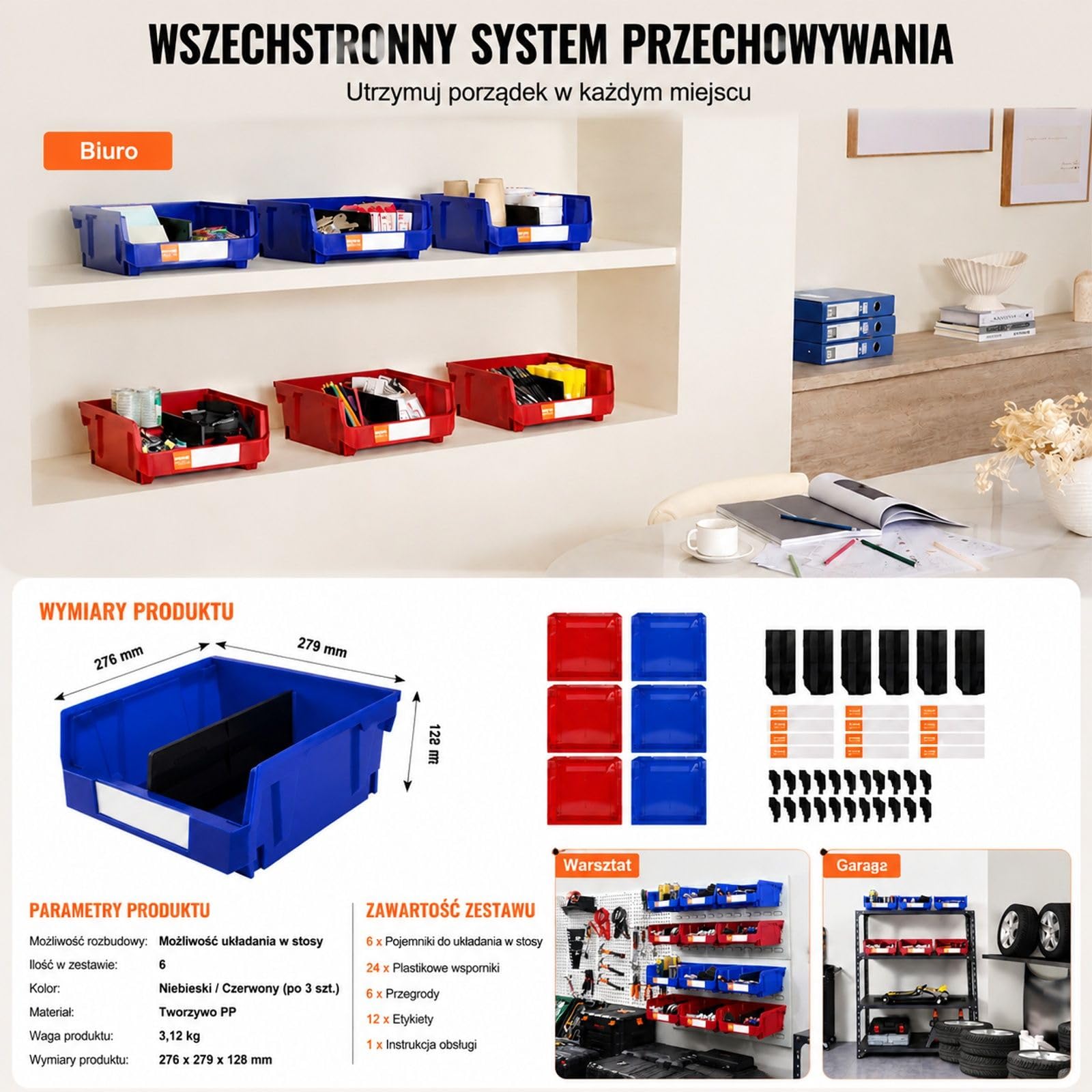 Zestaw 6 plastikowych pudełek do przechowywania, składanych, niebieskich i czerwonych, z otwartym przodem do regału