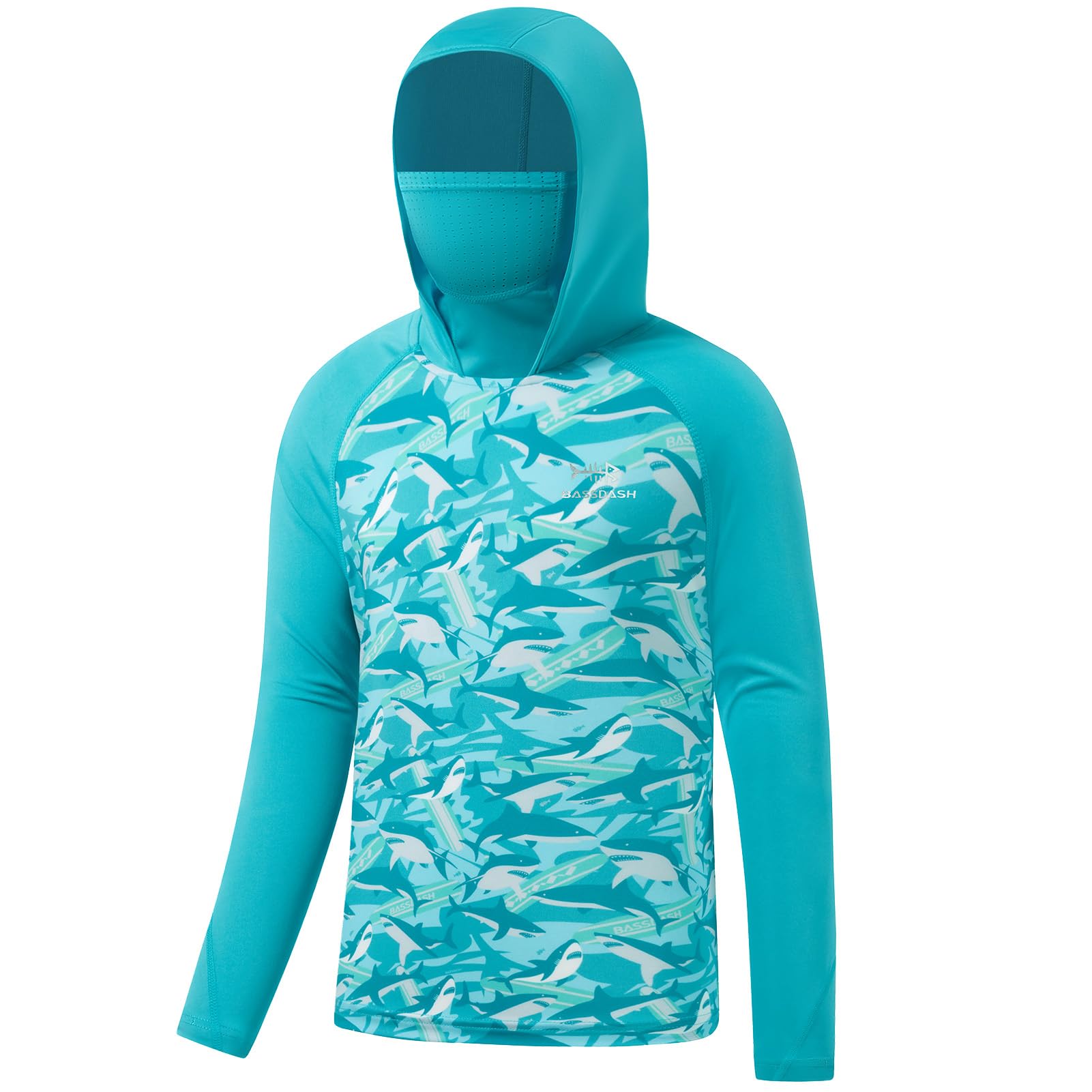 BASSDASH Youth UPF 50+ Hooded Shirts with Mask UV Neck Gaiter Sun Protection Long Sleeve T Shirt for Fishing Swim