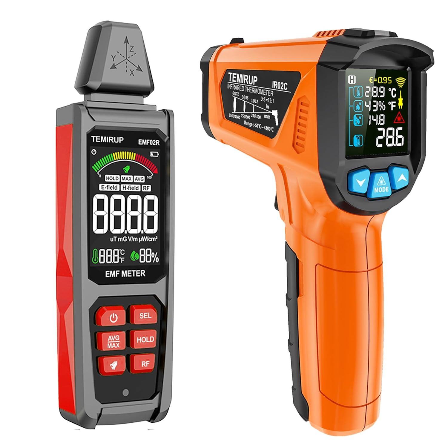 Infrared Thermometer Gun -58°F to 1472°F Non Contact IR Temp Gun with Color LCD for Industrial, Cooking & TEMIRUP 5 in 1 Handheld EMF Meter Radiation Detector, Detects EF, RF, MF, WiF