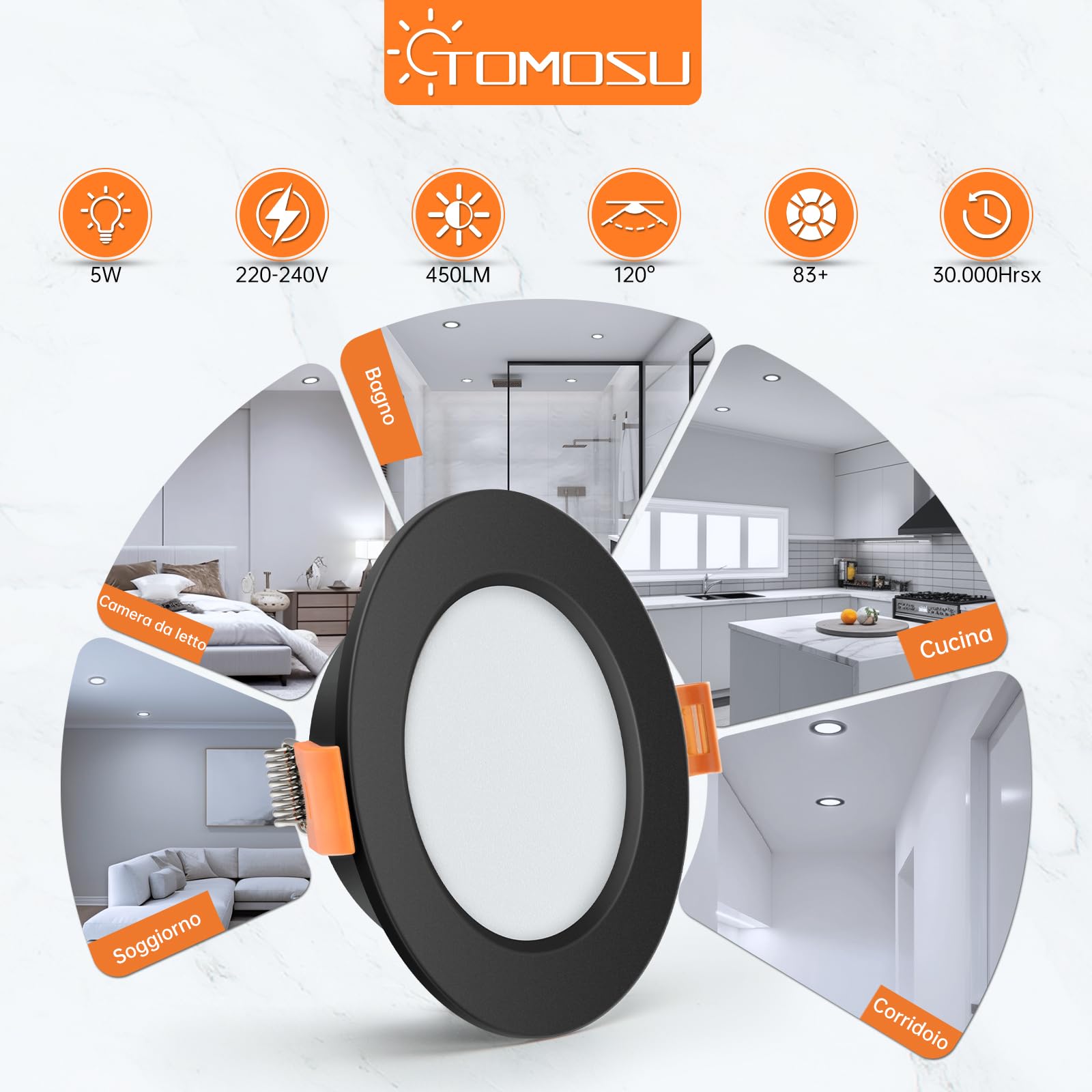 Tomosu 20x Faretti LED da Incasso per Cartongesso Neri, Luce Naturale, 5W | 220V, Diametro 98mm, foro 75mm-85mm, 4000K, 450LM, IP44 Faretti LED Incasso Soffitto per Bagno, Rotonda