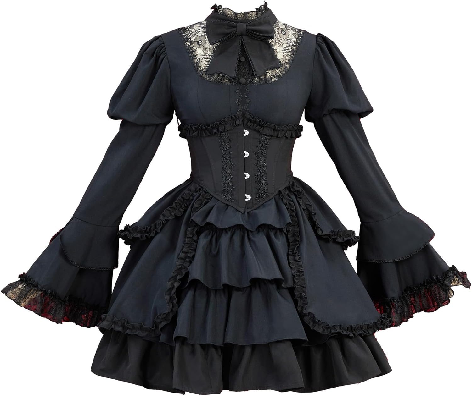 MEOWCOS Women's Victorian Gothic Dress Black Vintage Court Style Multi Layered Dress with Corset Halloween Costume