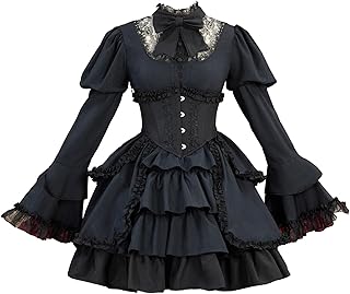 MEOWCOS Women's Victorian Gothic Dress Black Vintage Court Style Multi Layered Dress with Corset Halloween Costume - Buy now