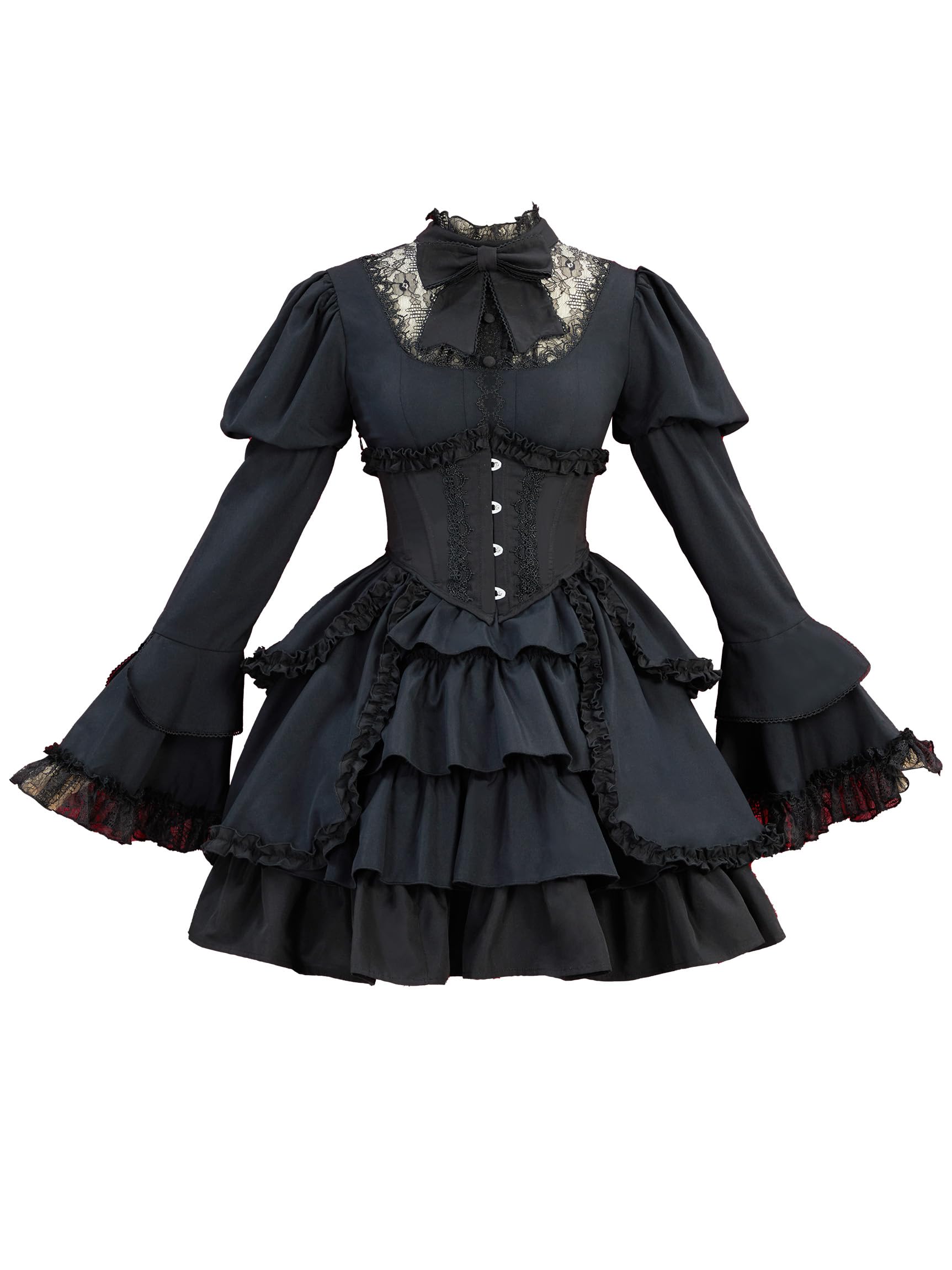 MEOWCOS Women's Victorian Gothic Dress Black Vintage Court Style Multi Layered Dress with Corset Halloween Costume