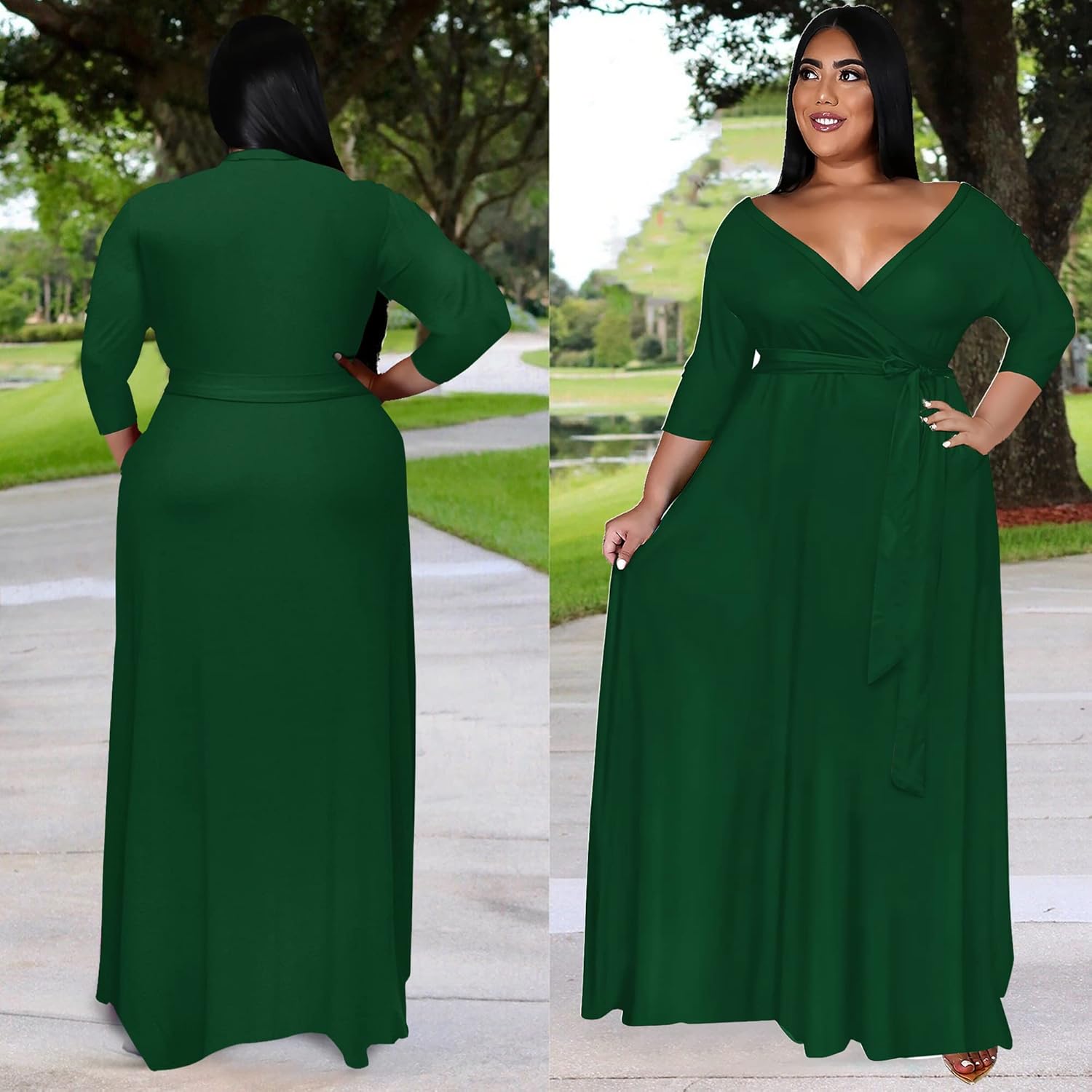 Nmoder Plus Size Maxi Dress for Women - Summer Casual 3/4 Sleeve Floral Flowy Long Dress with Belt XL- 6XL - Image 7