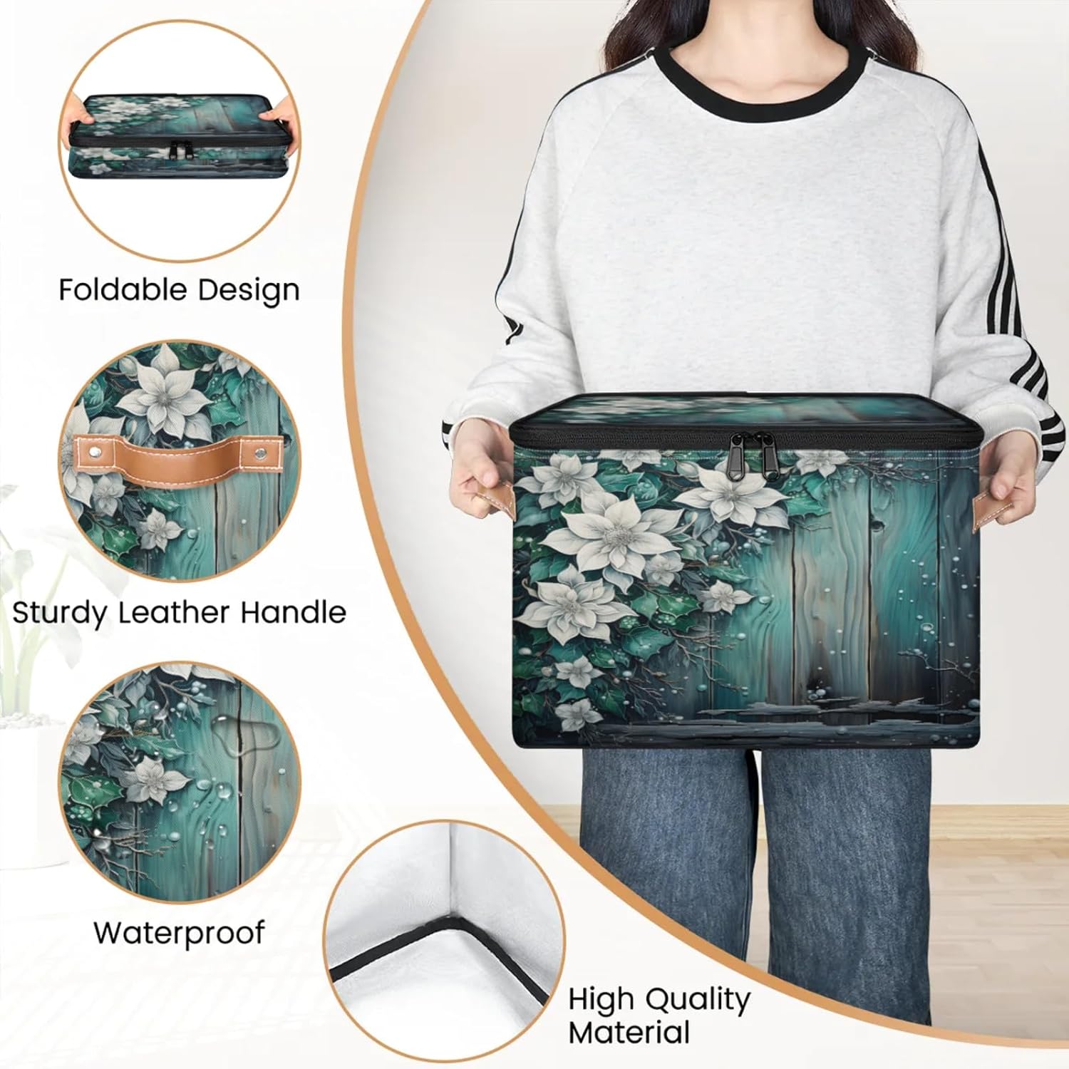 Storage Bin Set of 2 Flower Wood Texture Storage Basket with Zipper Lid & Handle Foldable Closet Shelf 2 Pack Cloth Organizer Basket Cube Bins Clothes Organizer for Nursery, Bedroom