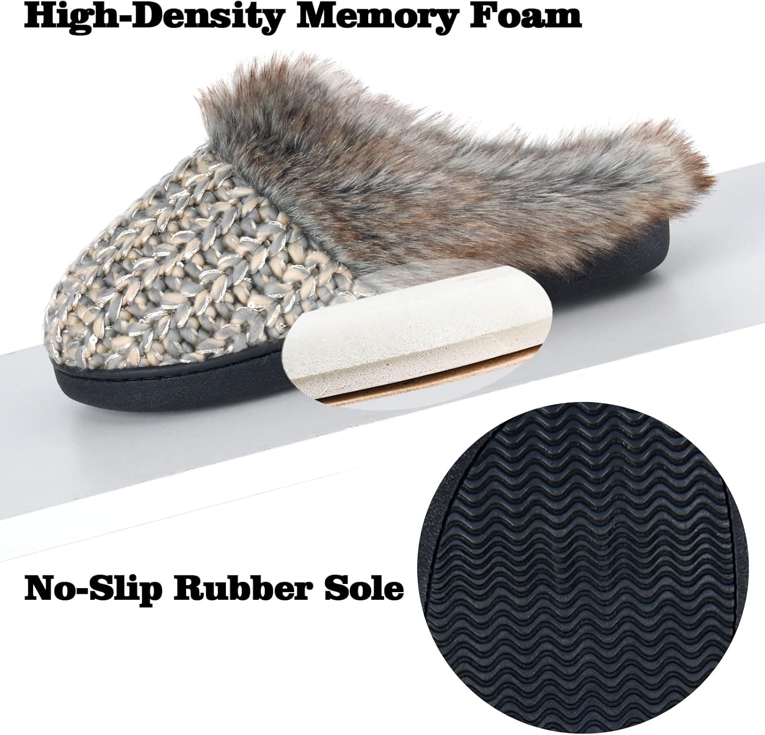 DL Womens House Slippers Memory Foam, Fluffy Slip on Womens Bedroom Slippers Fuzzy Collar, Warm Soft Indoor Knit Slippers for Women Non-slip 7-8 Grey Beige