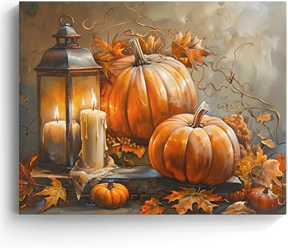 ART Halloween Pumpkins Canvas Wall Decor, Autumn Fall Pumpkins Lighted Thanksgiving Wall Aesthetic Vintage Poster Print Photo Wall for Indoor Bedroom Living Room Gallery Decor 8x10inch