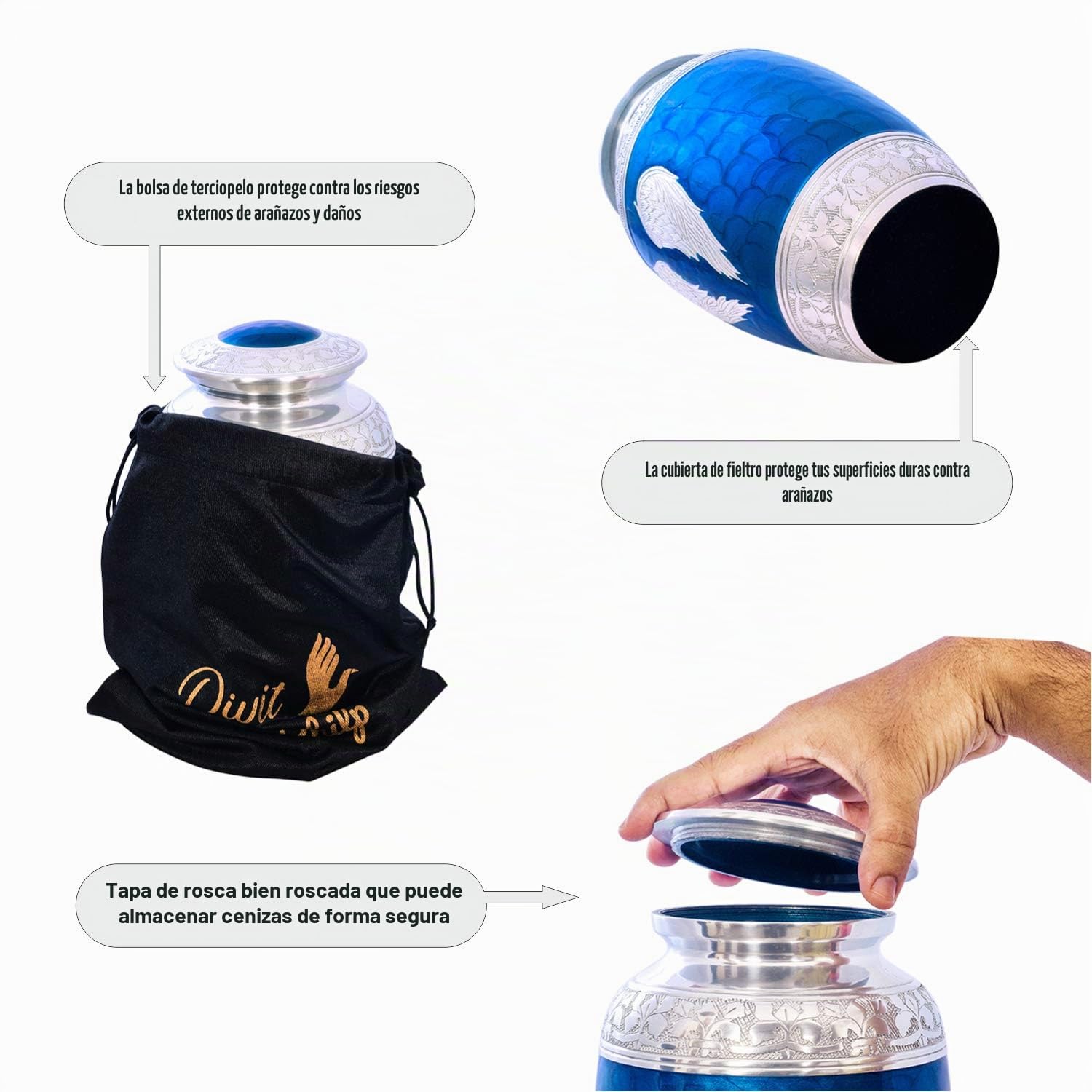 Urna funeraria para Cenizas humanas con Bolsa de Terciopelo, para Adultos de hasta 100 kgs by Divit Shilp (Angel Wings, Adult)