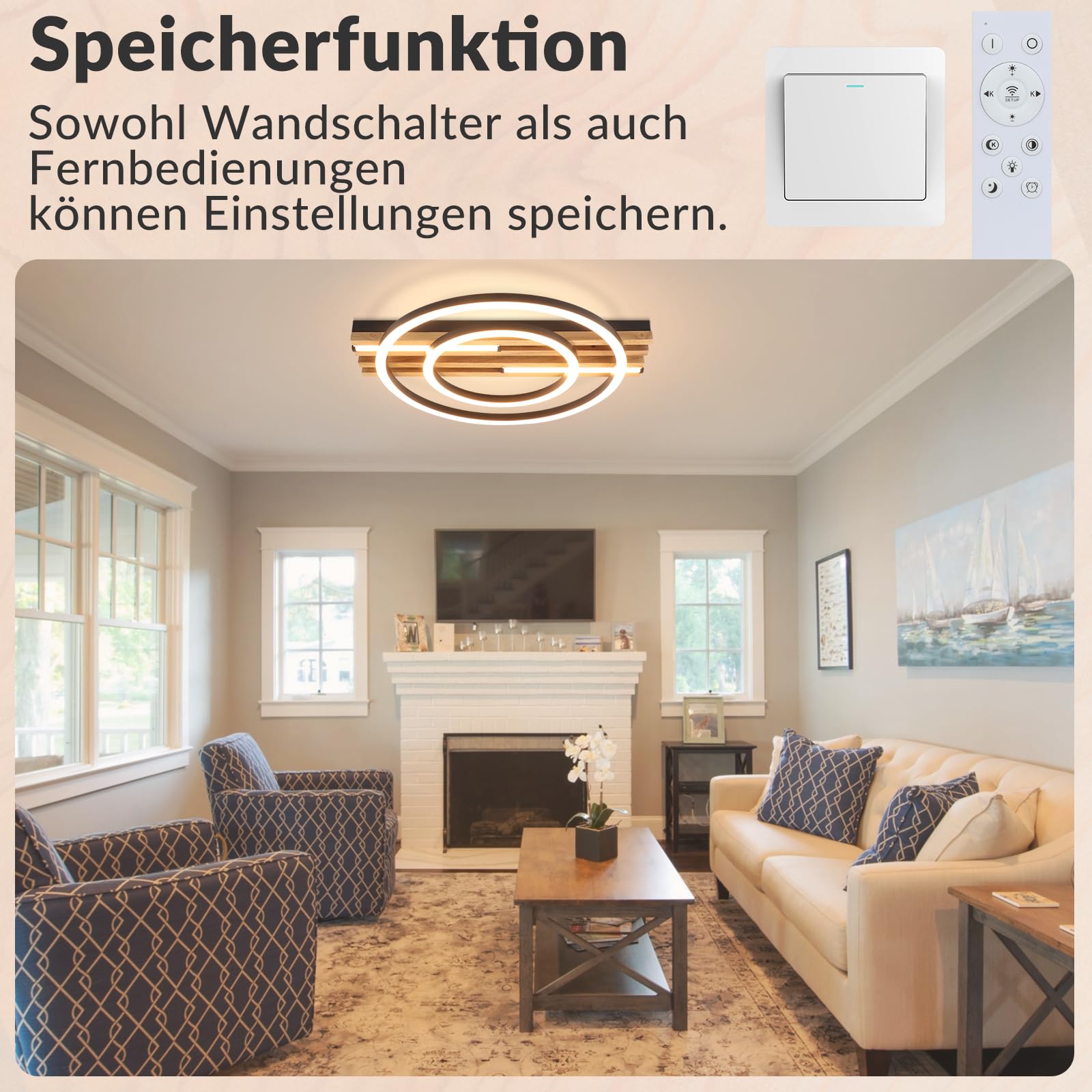 GBLY LED Deckenlamape Holz Deckenleuchte Dimmbar 38CM Schlafzimmer Lampe | 34W Ring Modern Schwarz Metall Fernbedienung Design für Schlafzimmer Wohnzimmer Küche Esszimmer Büro Lampe Memory Funktion