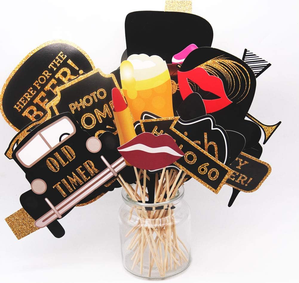 60th Birthday Photo Booth Props(41Pcs), 60 Fabulous Party Supplies, Gold and Black Birthday Favor Decorations for Men Women : Home & Kitchen