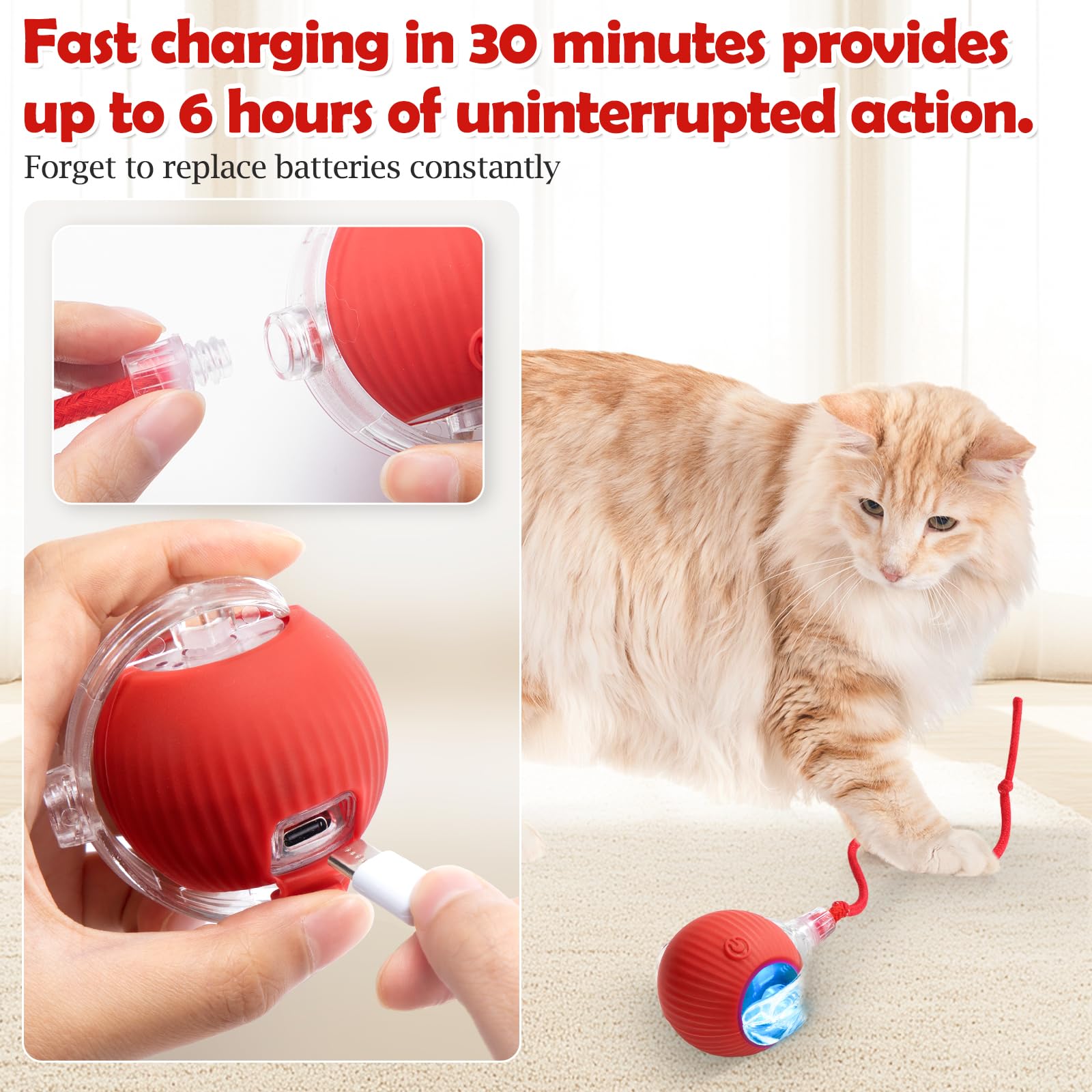 Wodine Interactive Cat Toy - Cat Toys For Indoor Cats Smart Silicone Rolling Ball With Tail,Bird Sound,Obstacle Avoidance And Motion Activated,Kitten Puzzle Toys (Red) 4