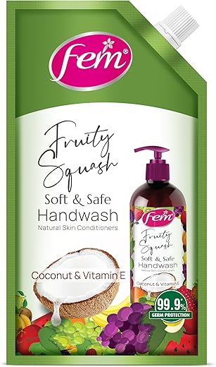 Fem Fruity Squash Soft & Safe Handwash – 750ml | Enriched with Goodness of Coconut Milk & Vitamin E | Long Lasting Fragrance