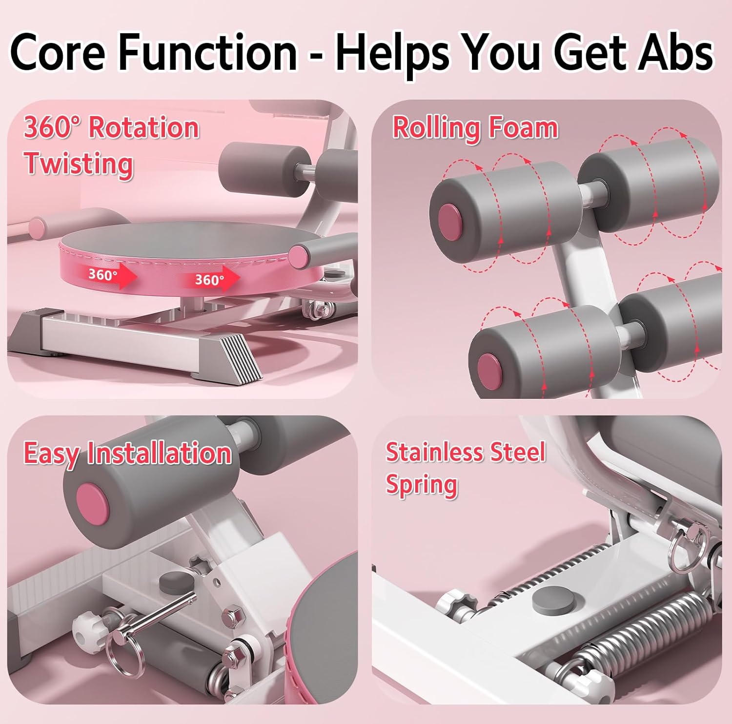 Ab Machine with 360° Rotating Disk, Portable Foldable Sit Up Exercise Equipment for Core & Stomach Training, Space-Saving Ab Trainer for Home Workout for Women