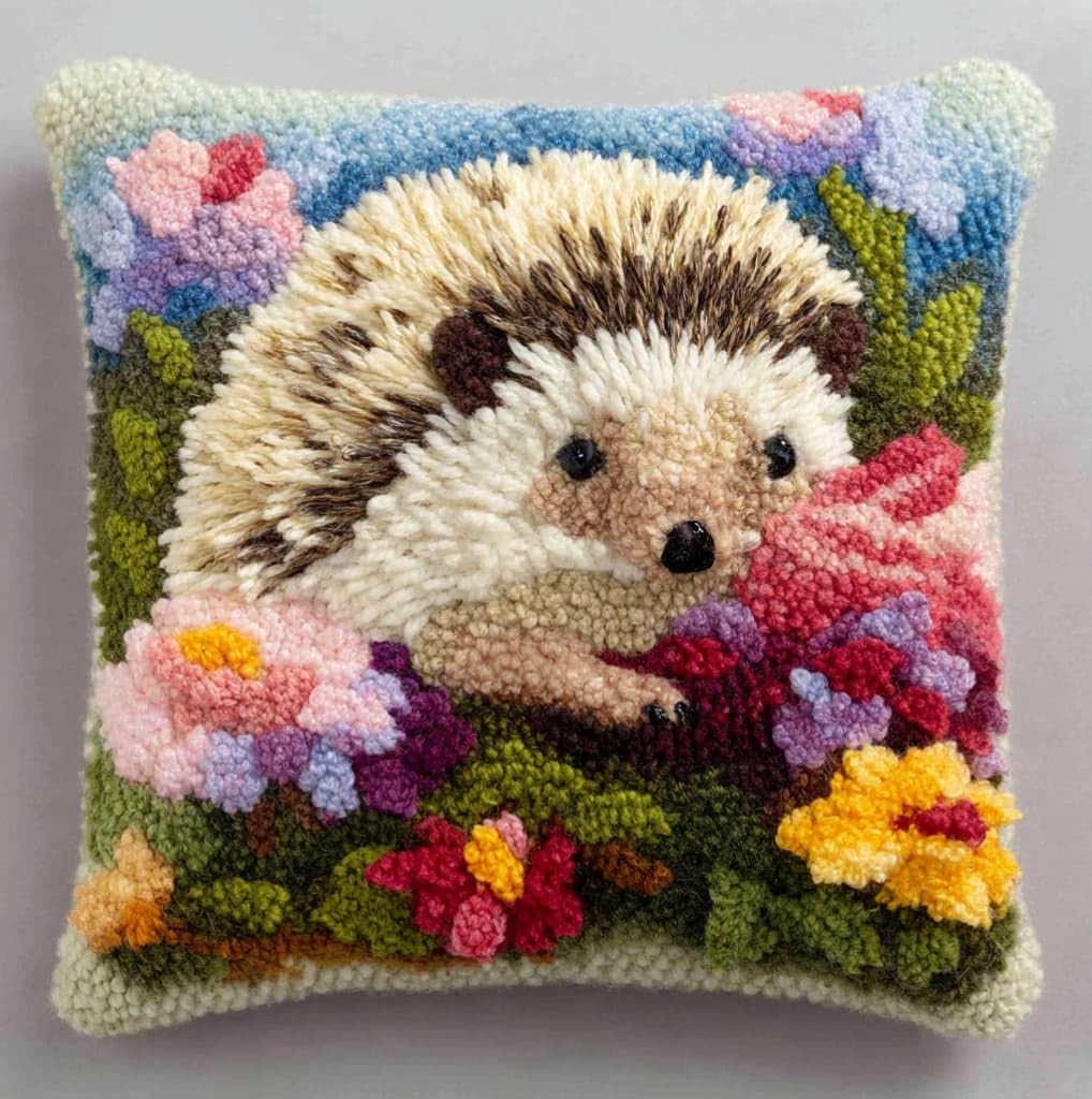 Henypt Latch Hook Kits for Adults,Hedgehogs and flowerbeds 43x43cm DIY Rug Making Kit,Crochet Yarn Craft Set for Home Sofa Decor & Handmade Gift