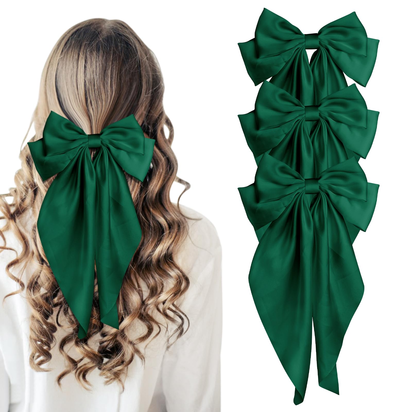 Large Silky Satin Bows 3Pcs Green Hair Ribbons for Women - Cute Coquette Bow Clips with Long Tails and Ponytail Barrettes