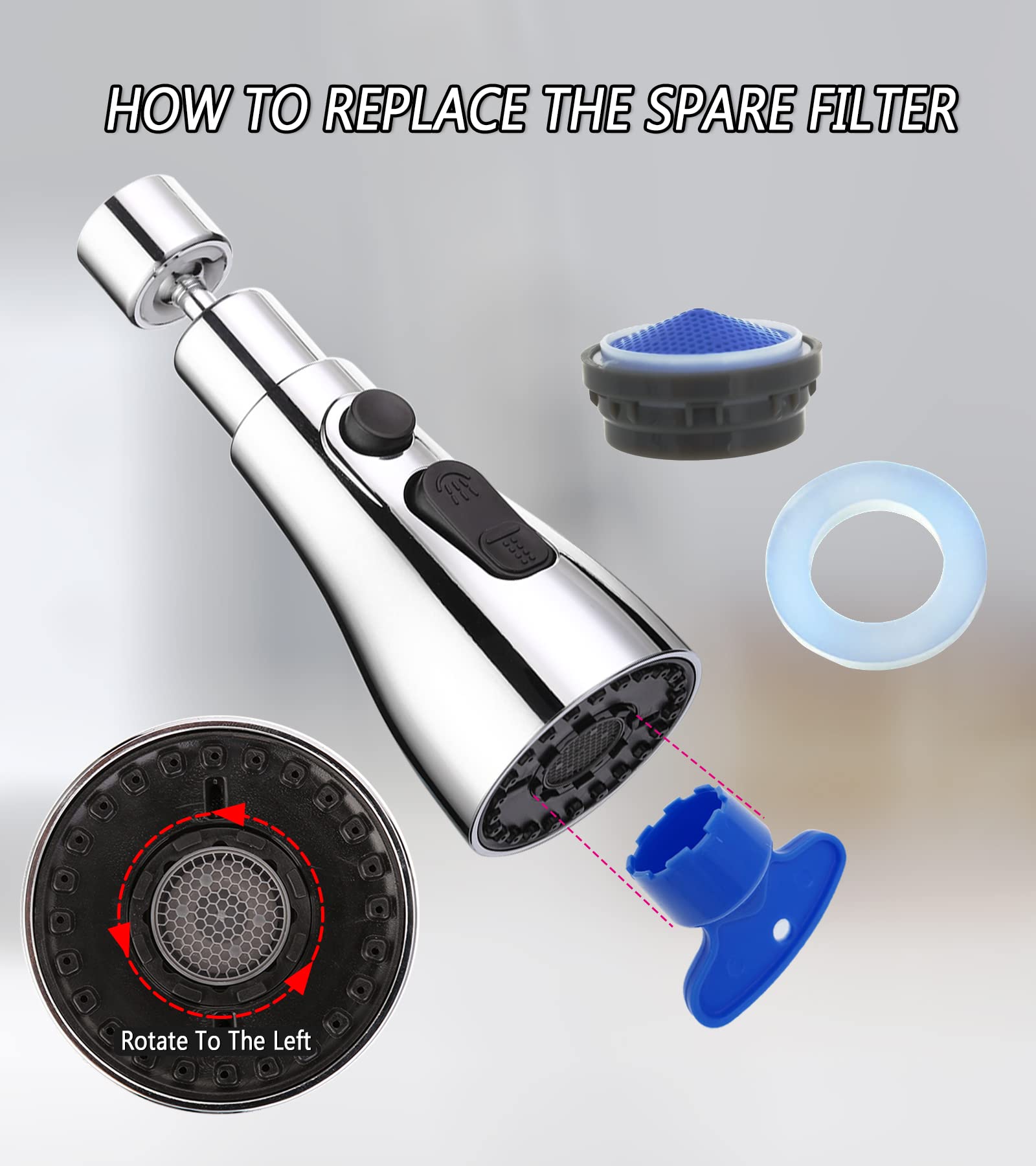 Adaptador de grifo giratorio para fregadero de cocina – Aireador de grifo giratorio de 360° accesorio de rociador – FM22 M24 rosca grifo amplificador de grifo extensor de grifo (3 modos)