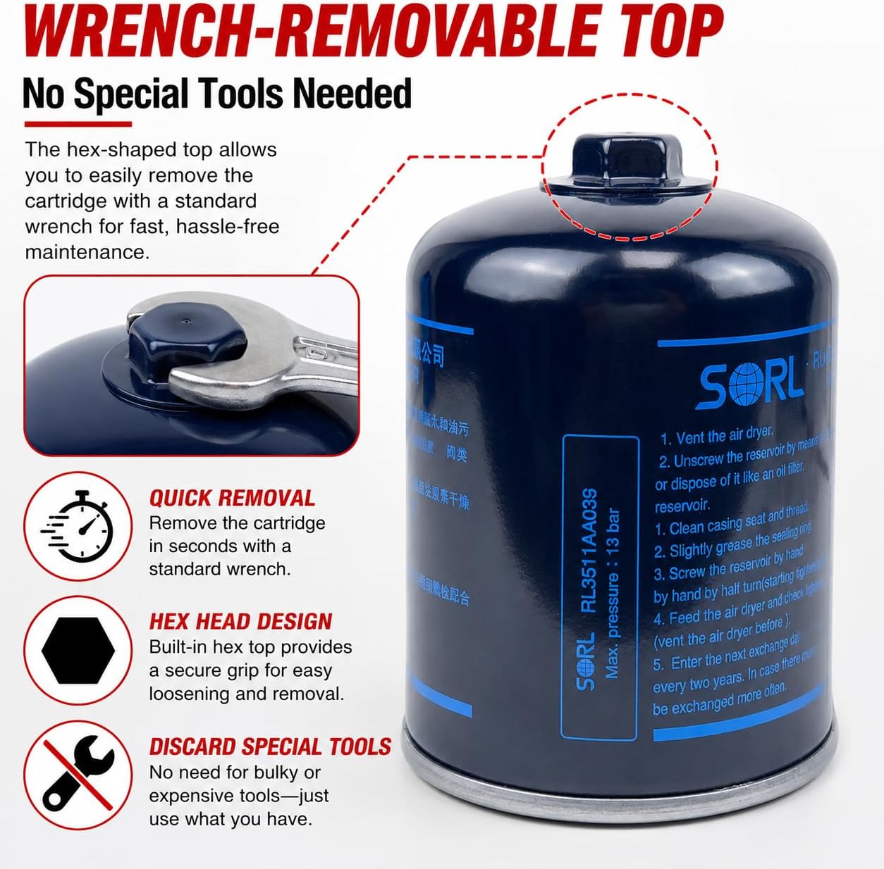 Air Dryer Filter,Quick release Coalescing Desiccant Cartridge for WABCO 1000 & 1200 & Bendix AD-SP,AD-IS Air Dryer Filter (Replaces Bendix 109994,Meritor r950011,TRP AC1001) image 3