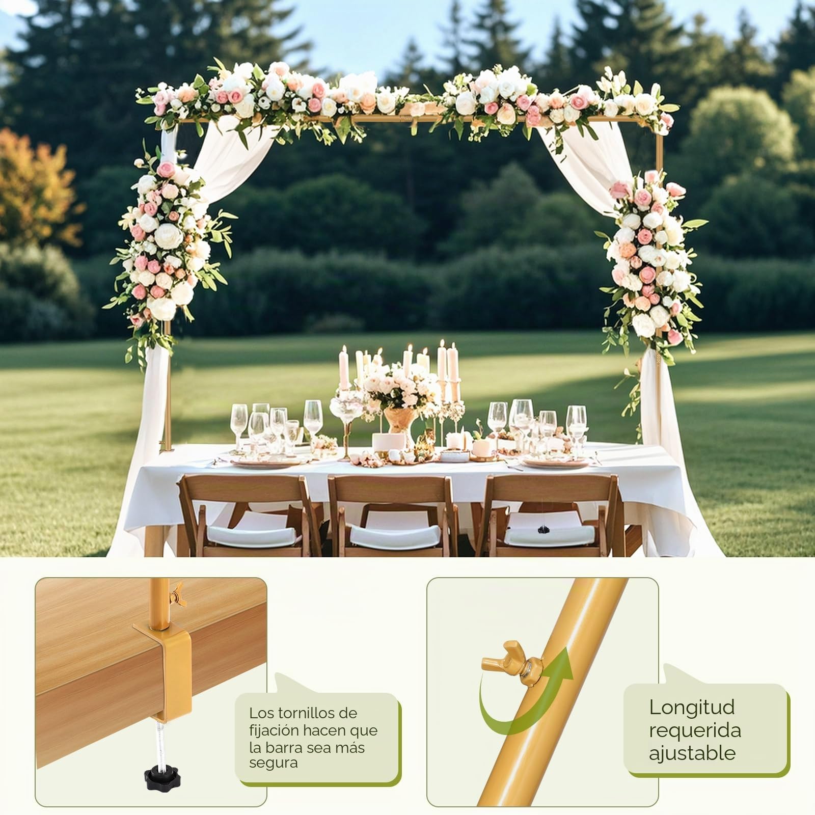 Arco de Mesa Ajustable, Soporte Mesa Decoracion con Clips, 120 cm – 260 cm, Barra Decoracion Mesa de Metal, Arco de Mesa Dorado para Navidad, Boda, Cumpleaños, Decoración de Fiesta
