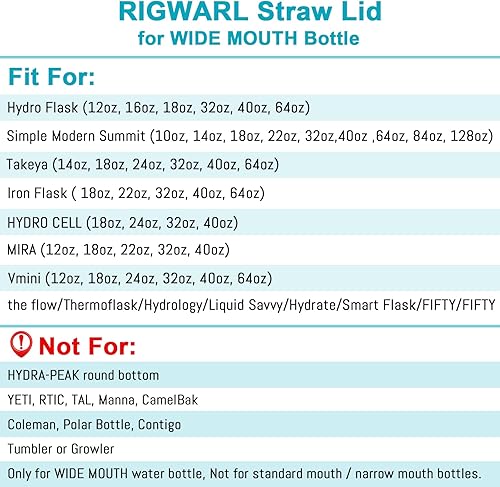Miniatura 4 de RIGWARL 2 tapas de popote para Hydro Flask de boca ancha de 12, 16, 18, 32, 40, 64 onzas con 2 popotes, 2 cepillos de limpieza y 1 mango de