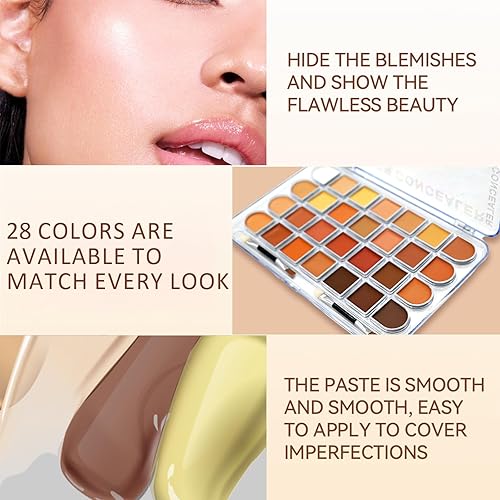 28 Colors Correcting Concealer Palette, Full Coverage Cream Contour Palette with Brush, Long Lasting Waterproof Foundation Highlighting Concealer Cream Makeup Palette(T165)