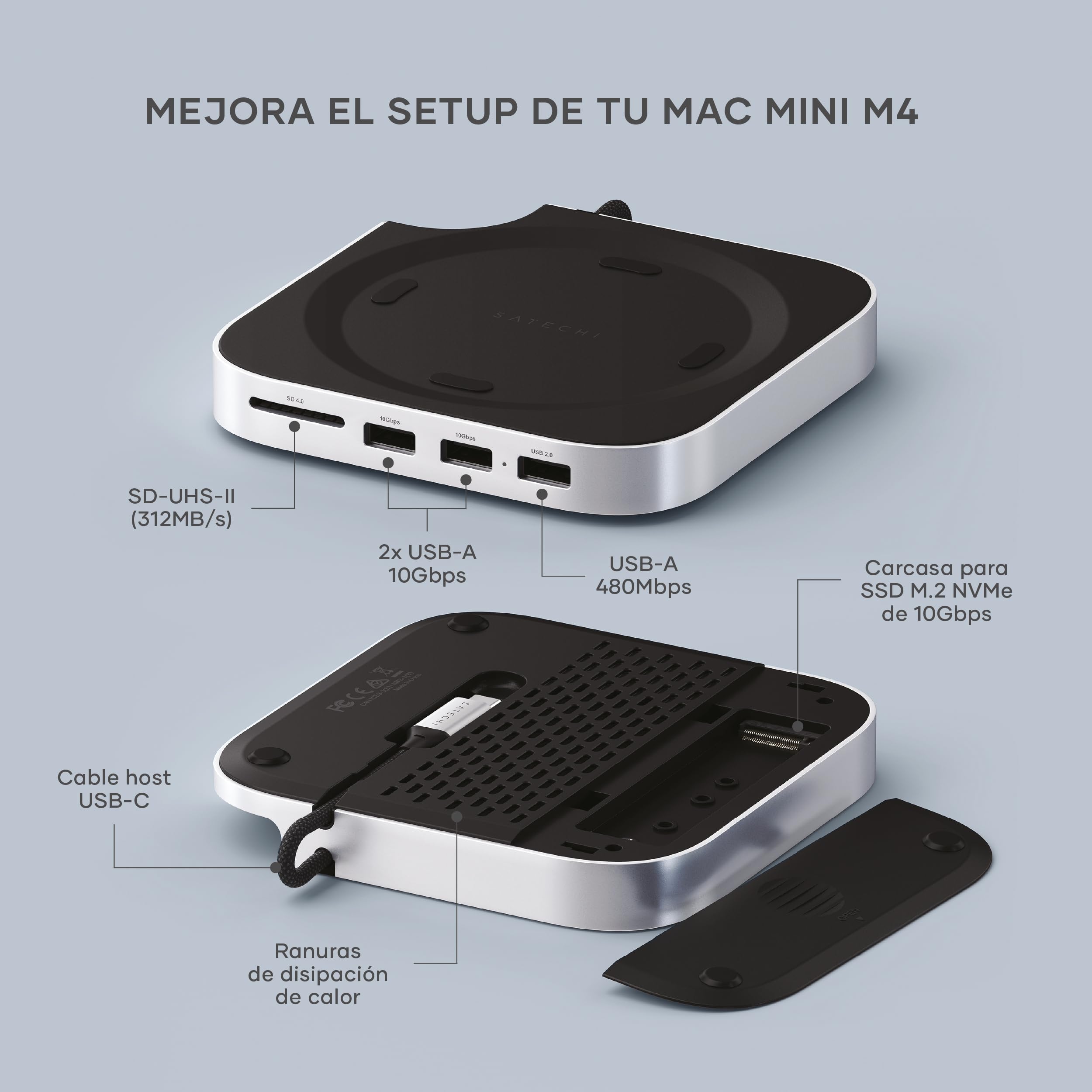 SATECHI Mac Mini M4 Hub & Soporte con Carcasa SSD NVMe 10Gbps | Para Mac Mini M4 y M4 Pro, ventilación optimizada, 2x USB-A 10Gbps, 1x a 480Mbps, lector SD, cable host USB-C incorporado