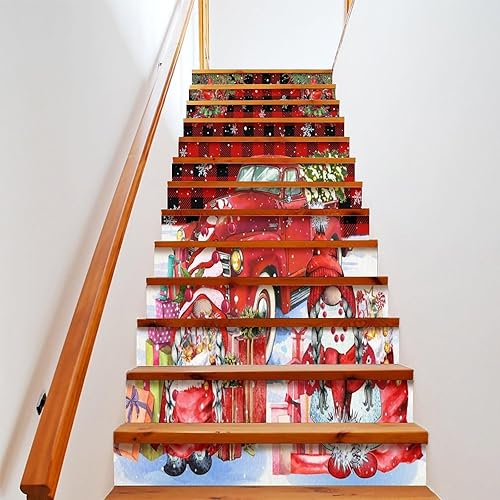 Calcomanías decorativas retro con texto en inglés "Merry Christmas" para escalera, gnomos vintage, a cuadros rojos y negros, para invierno, para