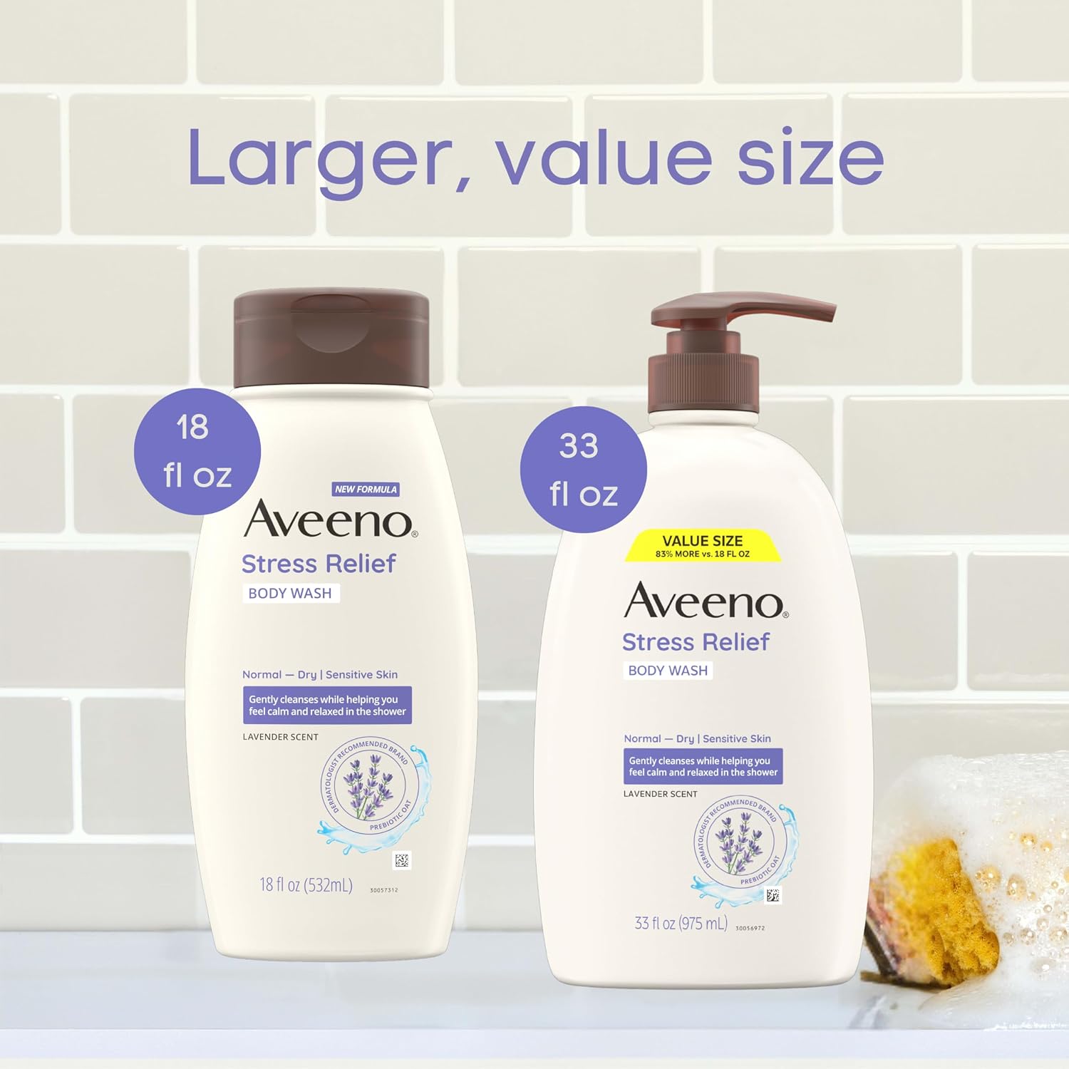Aveeno Stress Relief Body Wash for Women, Calming Lavender Scent & Prebiotic Oat, Cleanser for Sensitive Dry Skin, Paraben, Dye & Soap-Free, 33 Fl Oz (Pack of 6)