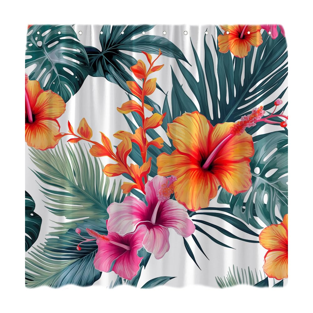 CCNSTMS Tropical Flower Shower Curtain Palm Leaves Monstera Hibiscus Flowers Summer Hawaii Jungle Plant Botanical Decor Bathroom Curtain Set with Hook