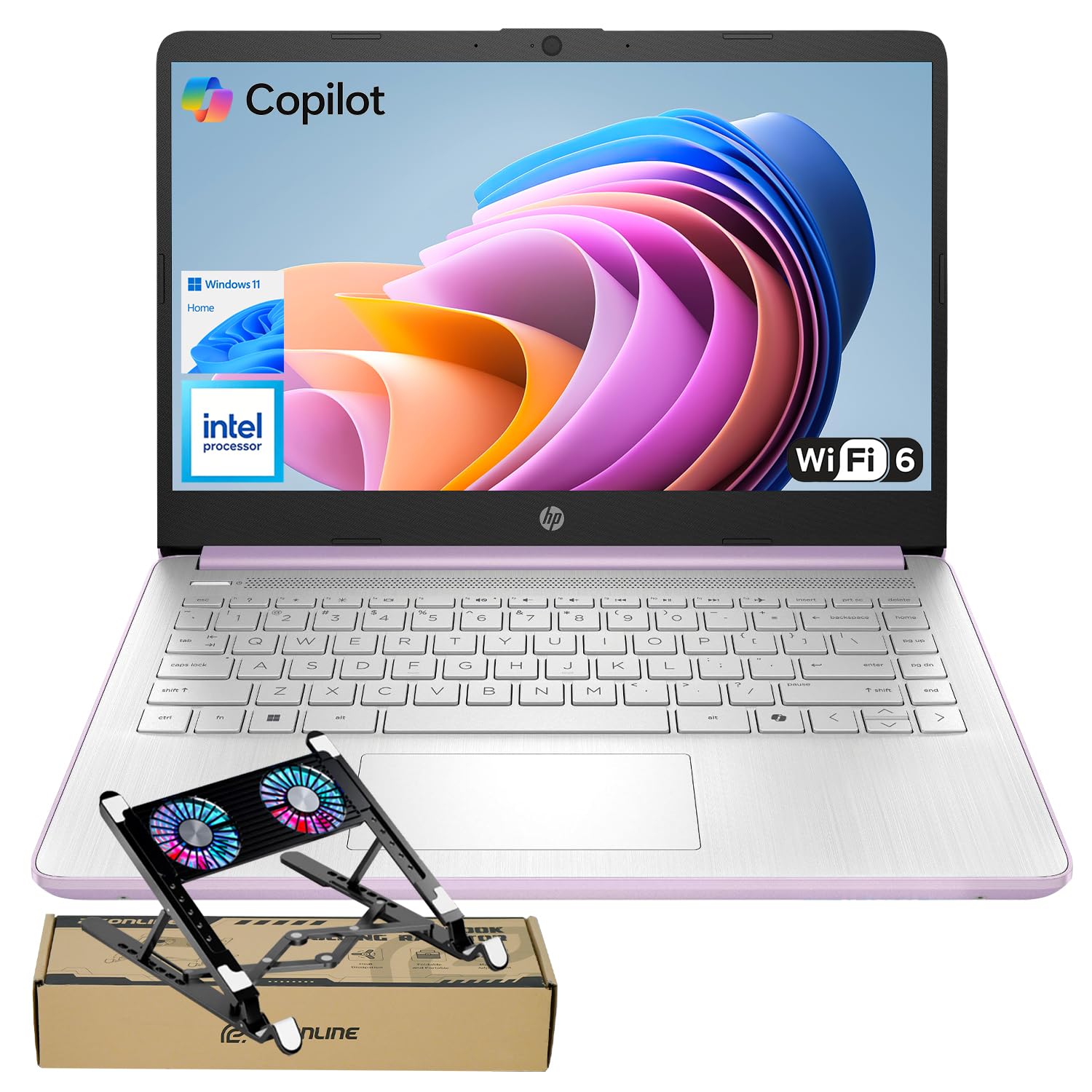 HP dq6012dx 14인치 노트북, 인텔 N150 프로세서 (최대 3.6GHz), 4GB RAM, 128GB eMMC 스토리지, 14인치 마이크로 엣지 디스플레이, Wi-Fi 6, 웹캠, HDMI, 윈도우 11 홈 S 모드, 퍼플, PCO 쿨러 번들