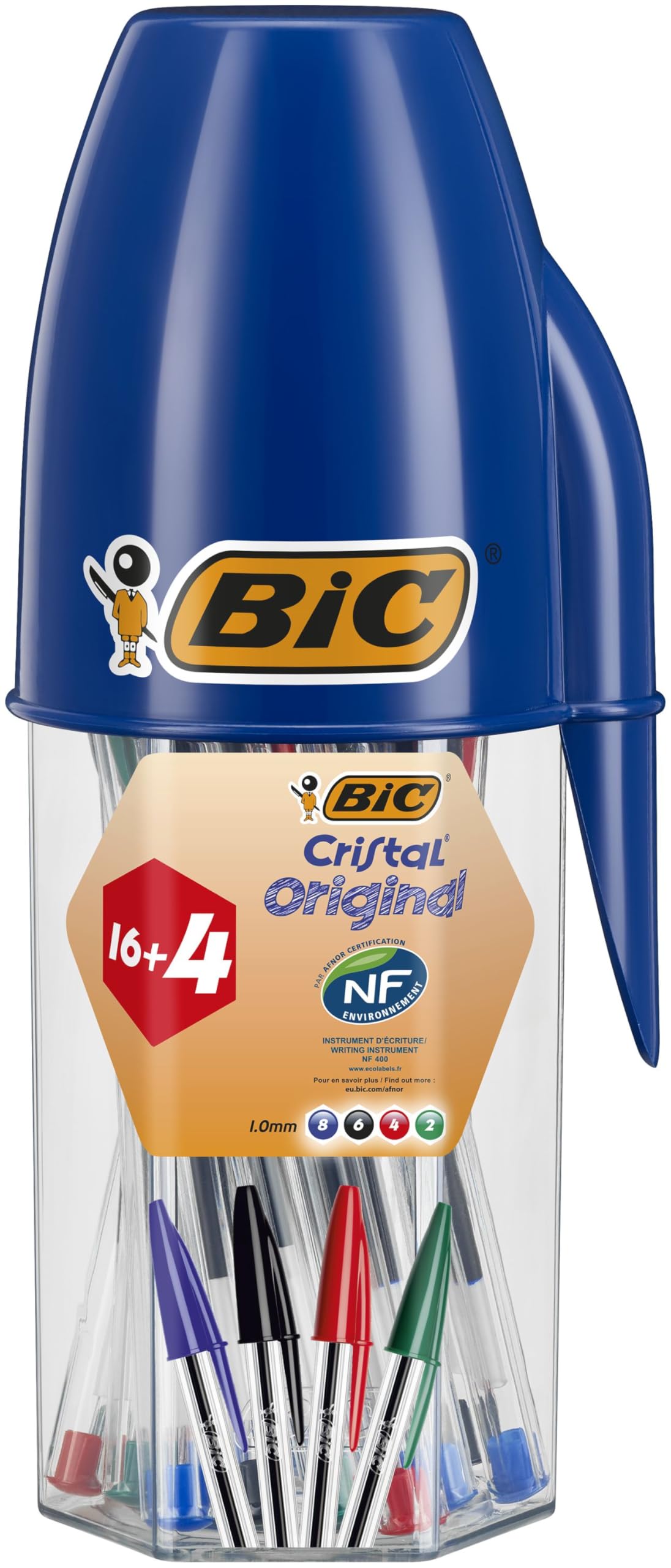 BIC Cristal Original Bolígrafos Punta Media (1,0mm) Colores Surtidos, Material Oficina y Escolar, Tubo de 20 unidades (16+4 gratis)