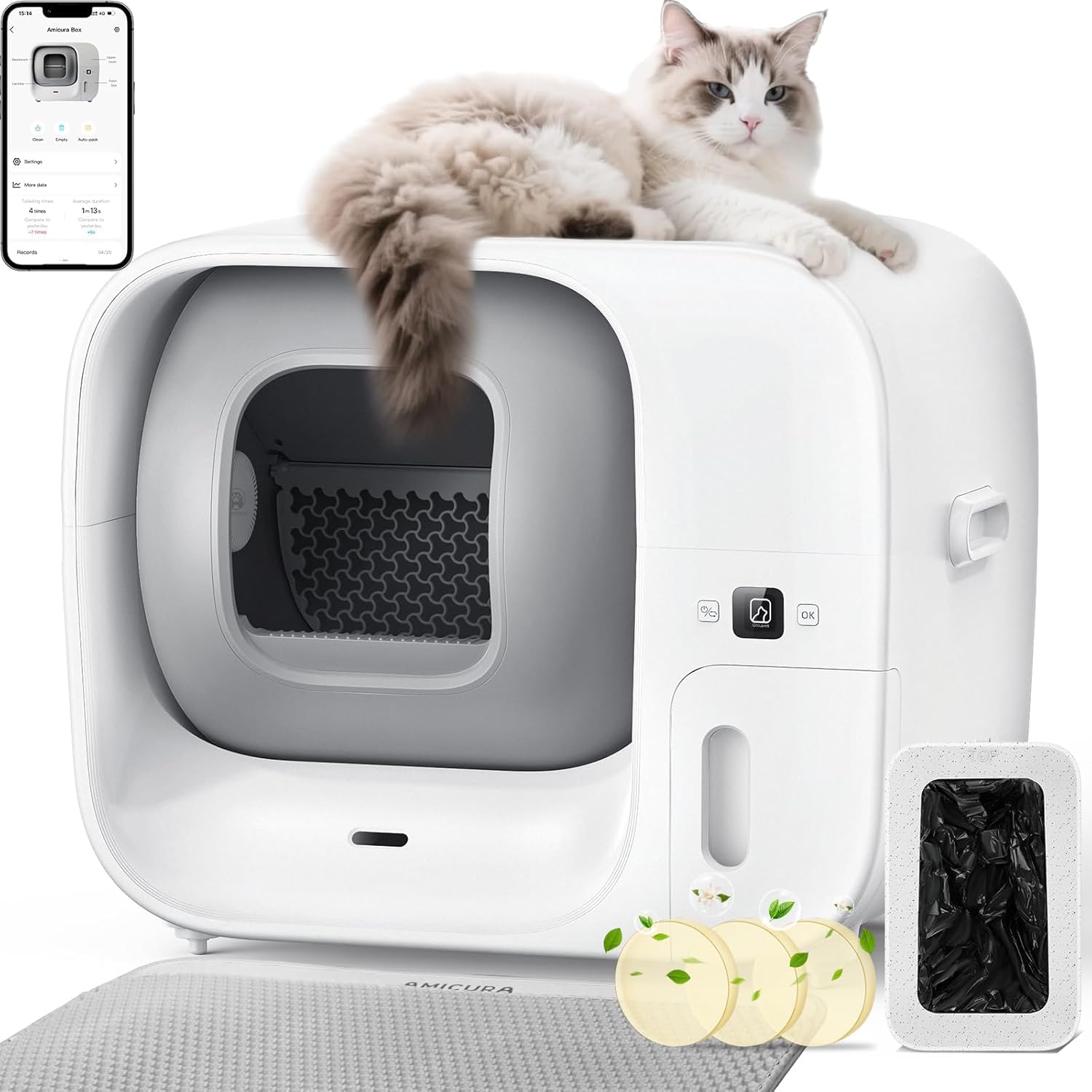 Arenero Gatos Autolimpiable, Cura 3 Arenero Autolimpiable para Gatos con Sistema de Empaquetado Automático, Certificación de Seguridad TUV (7 Sensores), Control de Olores y Funcionalidad de App