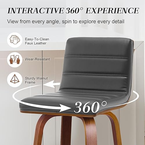 Miniatura 4 de RêveLife Taburete de bar giratorio de 26 pulgadas con respaldo juego de 2 taburete tapizado de piel sintética moderno de mediados de siglo sillas de