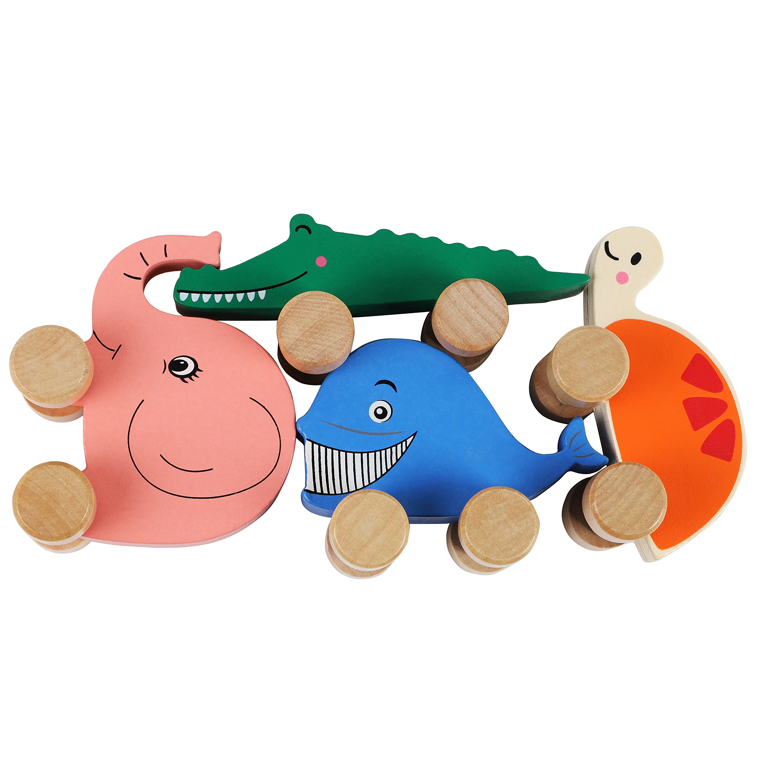 Toys of Wood Oxford TOWO Drewniane samochody dla małych dzieci – zwierzęta na kółkach – pojazdy sensoryczne chwytające – Push and Go First Trucks dla dzieci od 12 miesięcy