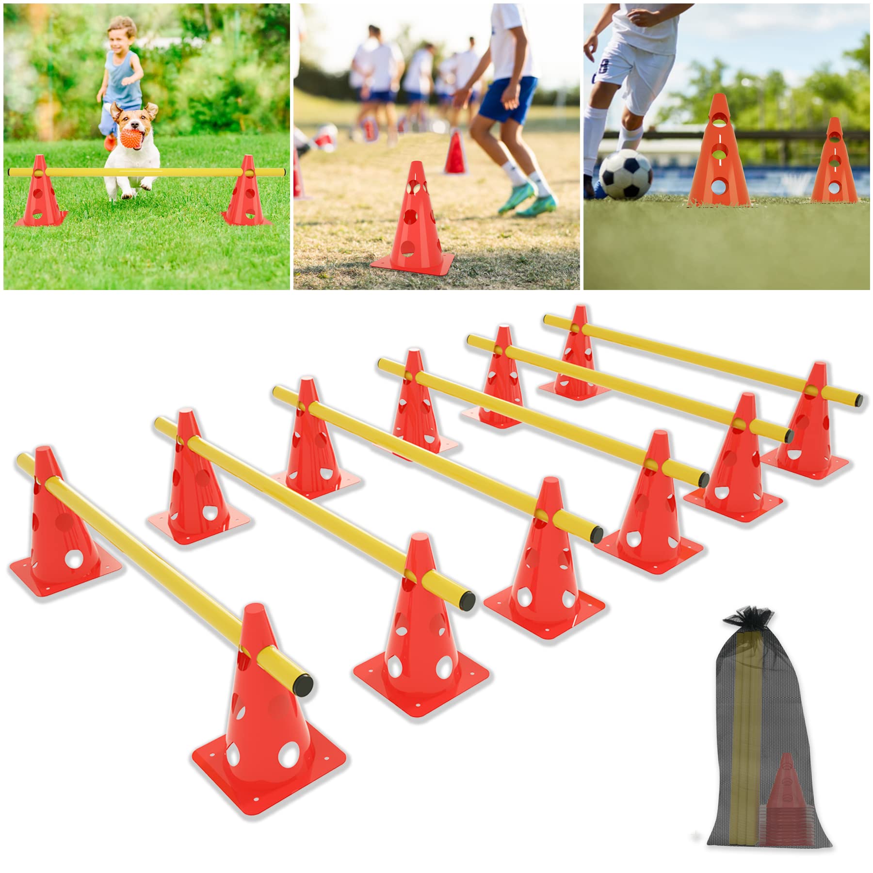 Froadp Agility Sports - Juego de 6 obstáculos para entrenamiento de coordinación (32 cm, cono y barra amarilla, 100 cm), color rojo