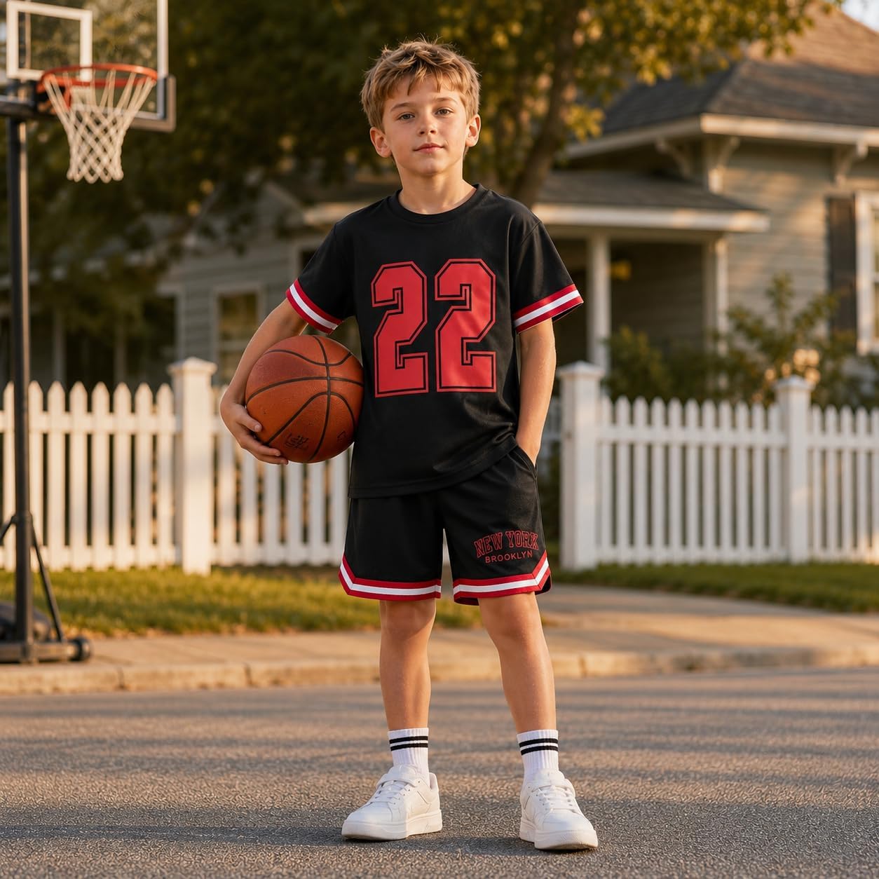 Boys Shorts Sets 2-Piece Outfit Summer Clothes Casual,Sports Top & Mesh Clothes Shorts Size 6-12Years