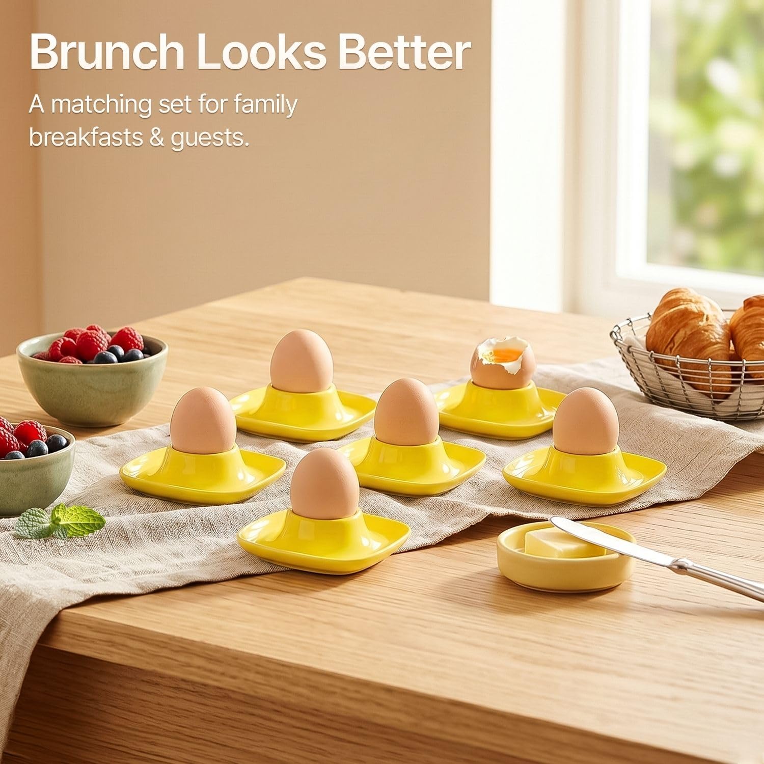Flexzion Coquetiers pour œufs à la coque - Lot de 6 en céramique - Coquetiers empilables avec socle pour service, petit-déjeuner, brunch - Décor de table, Jaune
