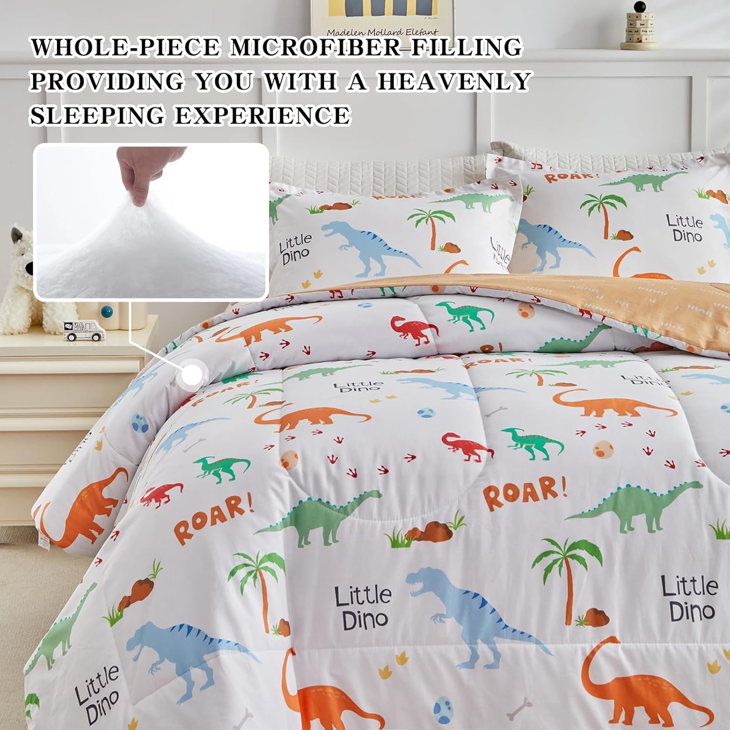 Joyreap Cotton Comforter Set Queen, Colorful Dinosaurs Orange n White Design, 3pcs Kids Bedding Set for All Season- 88x88 inches - Image 7